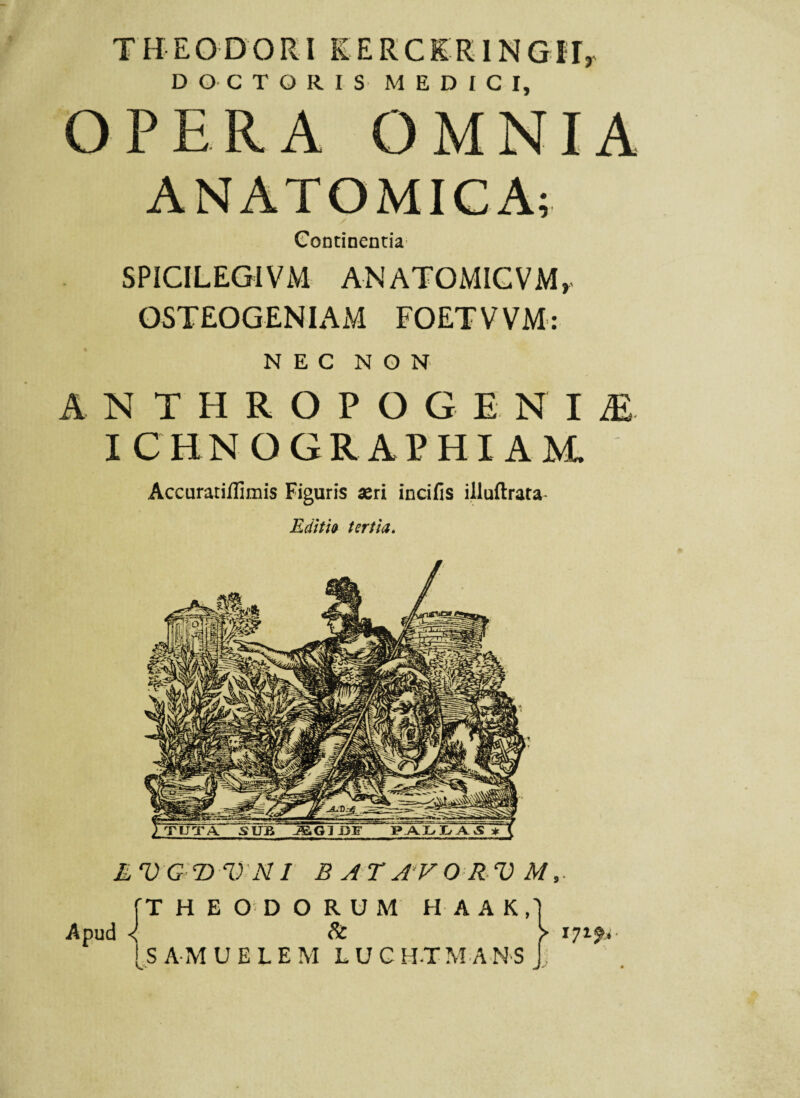 THEODORI KERCERINGiT, DOCTORIS MEDICI, OPERA OMNIA ANATOMICA; / Continentia SPICILEGIVM ANATOMICVM, OSTEOGENIAM FOETVVM: NEC NON ANTHROPOG E N I M. ICENOGRAPHIAM. Accuratiflimis Figuris aeri incifis illuftrata Editio tertia. EV G T>V NI B AT A’V O RV M THEODORUM HAAK & (SAMUELEM LUGHT M A N S )