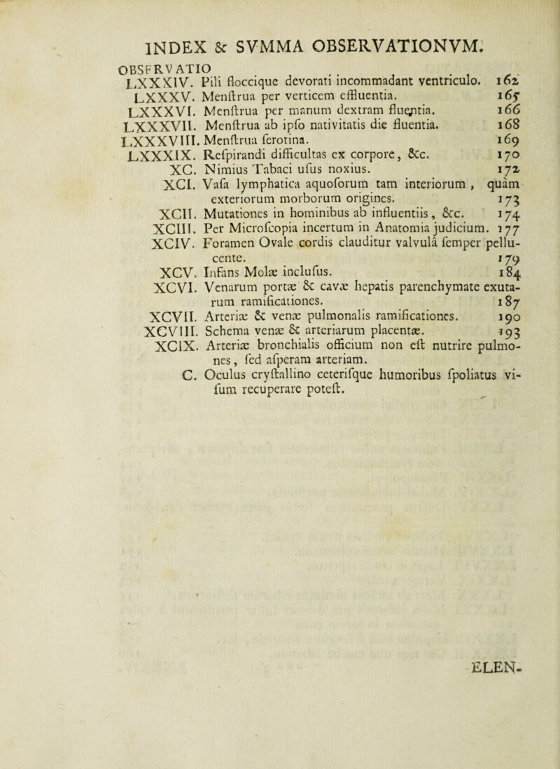 INDEX 8c SVMMA OBSERVATIONVM. OBSFRV ATIO . . . LXXXIV. Fili floccique devorati incommadant ventriculo. 162 LXXXV. Menftrua per verticem effluentia. i6f LXXXV I. Menftrua per manum dextram fluentia. 166 LXXXVII. Menftrua ab ipfo nativitatis die fluentia. 168 LXXXVIII. Menftrua ferotina. 169 LXXXIX. Refpirandi difficultas ex corpore, fiCc. 170 XC. Nimius Tabaci ufus noxius. 172 XCI. Vafa lymphatica aquoforum tam interiorum , quam exteriorum morborum origines. 173 XCII. Mutationes in hominibus ab influentiis, 6ec. 174 XCIIK Per Microfcopia incertum in Anatomia judicium. 177 XCIV. Foramen Ovale cordis clauditur valvula femper pellu- cente. 179 XCV. Infans Molae inclufus. 184 XCVI. Venarum portae &C cavae hepatis parenchymate exuta¬ rum ramificationes. 187 XCVII. Arteriae & venae pulmonalis ramificationes. 190 XCV1II. Schema venae Sc arteriarum placentas. 193 XC1X. Arteriae bronchialis officium non eft nutrire pulmo¬ nes, fed afperam arteriam. C. Oculus cryftallino ceterifque humoribus fpoliatus vi- ium recuperare poteft. ELEN-