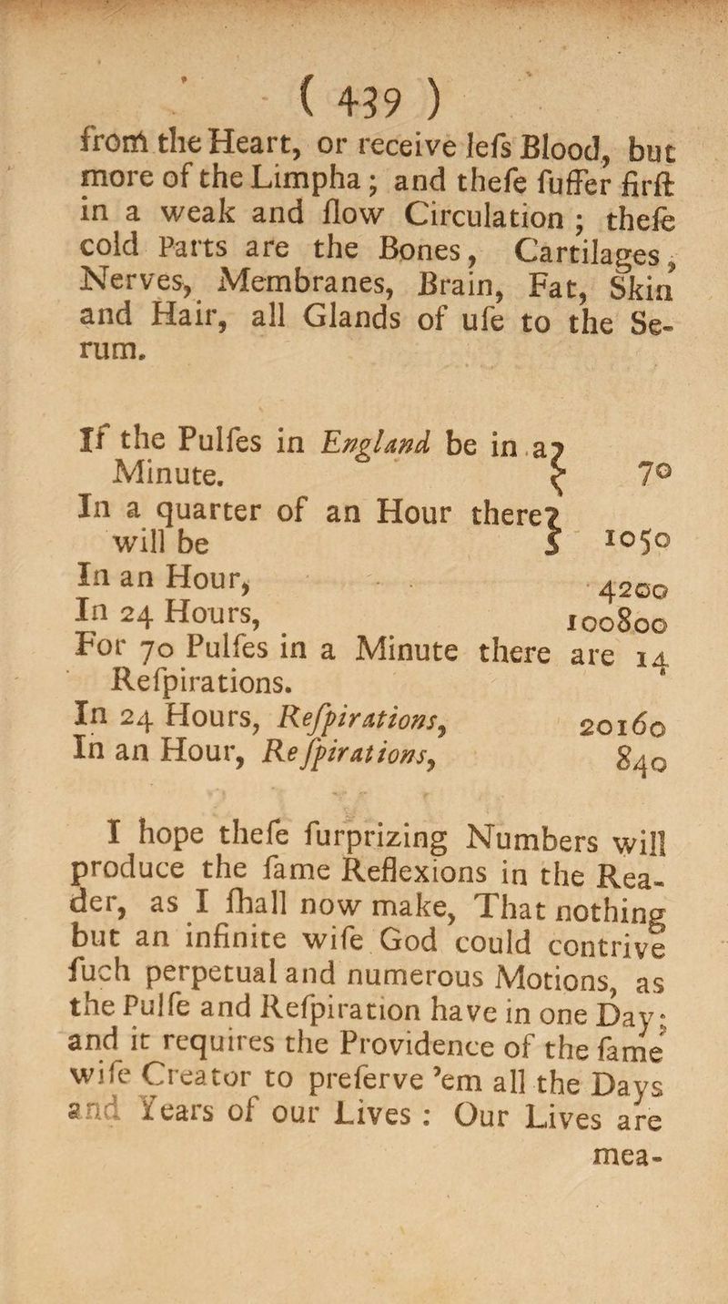 froth the Heart, or receiveIefsBlood, but more of the Limpha; and thefe fuffer firft in a weak and flow Circulation ; thefe cold Parts are the Bones, Cartilages, Nerves, Membranes, Brain, Fat, Skin and Hair, all Glands of ufe to the Se¬ rum. If the Pulfes in England be in a Minute. ^ 7° In a quarter of an Hour there? will be I I05° In an Hour, v 4200 In 24 Hours, 100800 For 70 Pulfes in a Minute there are i_-. Refpirations. In 24 Hours, Refpirations, 20x60 In an Hour, Refpirations, S40 I hope thefe furprizing Numbers will produce the fame Reflexions in the Rea¬ der, as I fhall now make, That nothing but an infinite wife God could contrive fuch perpetual and numerous Motions as the Pulfe and Refpiration have in one Day: and it requires the Providence of the fame Wife Creator to preferve ’em all the Days and Years of our Lives: Our Lives are mea-