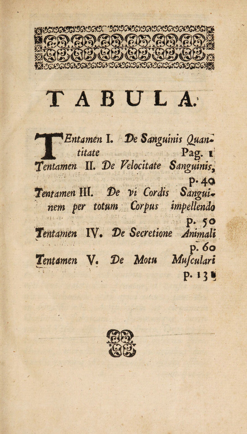 _ titate Pag. i’ Tentamen II. De Velocitate Sanguinis, P- 40 Tentamen III. De vi Cordis Sangui* nem per totum Corpus impellendo p. 50 Tentamen IV. De Secretione Animali W ■ ' . , p. 6a Tentamen V. De Motu Mufculari rr: ' ' P* »31 ✓