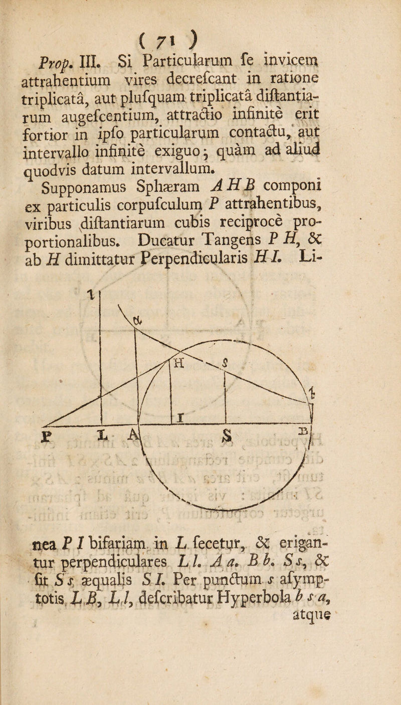 © &amp; - *■ ' nea P1 bifariam in L fecetur, &amp; erigan¬ tur perpendiculares L L A a. Bb. S s, 8C fit S s squalis SI. Per putidum j- afymp- totis L B, L,l, defcribatur Hyperbola b s a, atque ( 7l ) Prop. III. Si Particularum fe invicem attrahentium vires decrefcant in ratione triplicata, aut plufquam triplicata diftantia- rum augefcentium, attractio infinite erit fortior in ipfo particularum contactu, aut intervallo infinite exiguo j quam ad aliud quodvis datum intervallum. Supponamus Sphaeram AHB componi ex particulis corpufculum P attrahentibus, viribus diftantiarum cubis reciproce pro¬ portionalibus. Ducatur Tangens P H, 8C ab H dimittatur Perpendicularis HI. Li-