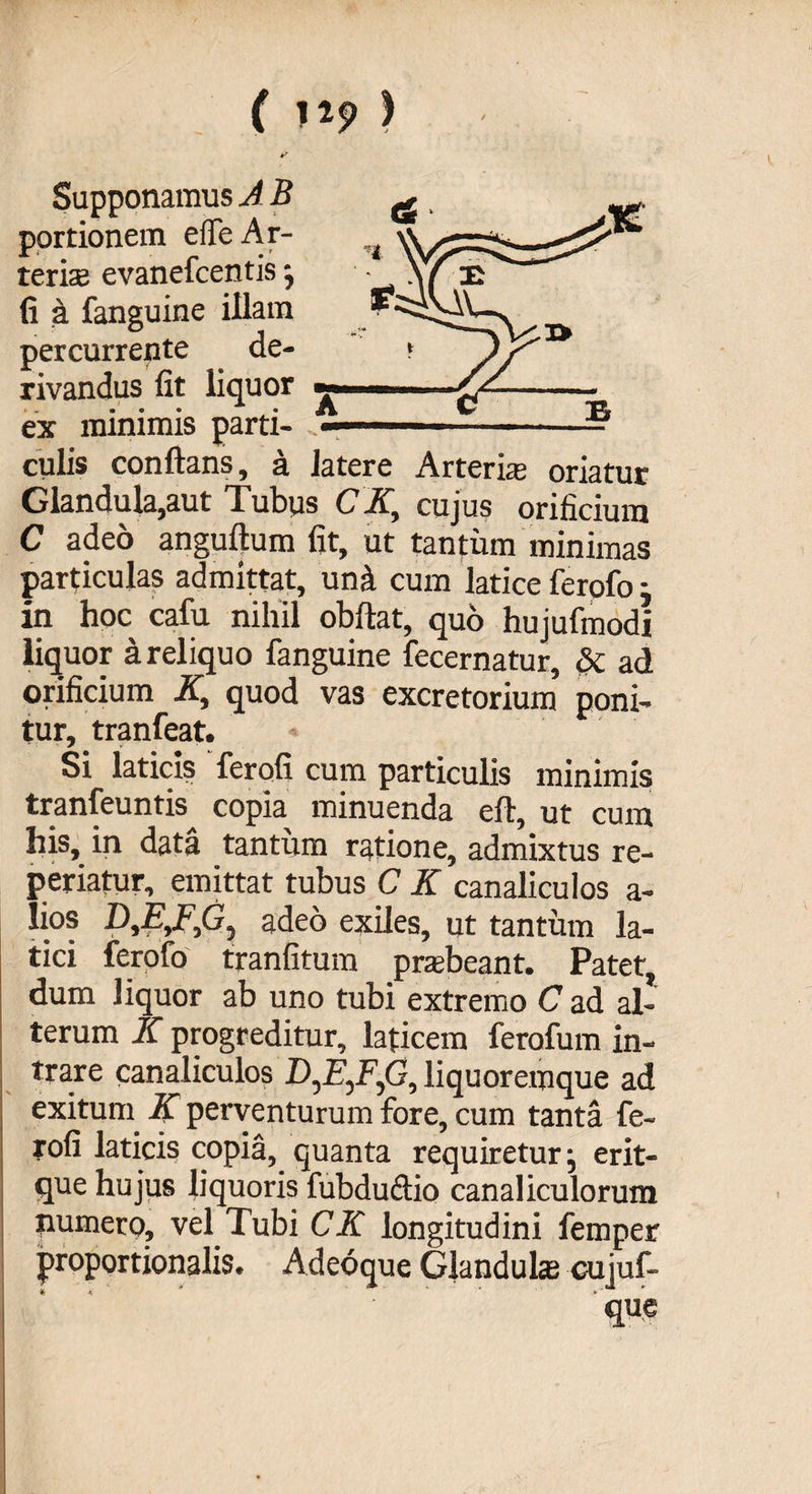 / ( 1*9 > Supponamus A B portionem efle Ar¬ teris evanefcentis ; fi a fanguine illam percurrente de¬ rivandus fit liquor >. ex minimis parti- culis conflans, a latere Arterias oriatur Glandula,aut Tubus CE, cujus orificium C adeo anguftum fit, ut tantum minimas particulas admittat, uni cum latice ferofo • in hoc cafu nihil obftat, quo hujufmodi liquor a reliquo fanguine fecernatur, & ad orificium AT, quod vas excretorium poni¬ tur, tranfeat. * Si laticis ferofi cum particulis minimis tranfeuntis copia minuenda eft, ut cum his, in data tantum ratione, admixtus re- periatur, emittat tubus C E canaliculos a- lios D,E^,G^ adeo exiles, ut tantum la¬ tici ferofo tranfitum prasbeant. Patet, dum liquor ab uno tubi extremo C ad al¬ terum K progreditur, laticem ferofum in¬ trare canaliculos liquoremque ad exitum E perventurum fore, cum tanta fe¬ rofi laticis copia, quanta requiretur; erit- que hujus liquoris fubduftio canaliculorum numero, vel Tubi CE longitudini femper proportionalis. Adeoque Glandula: cujuf- ' ' ' que