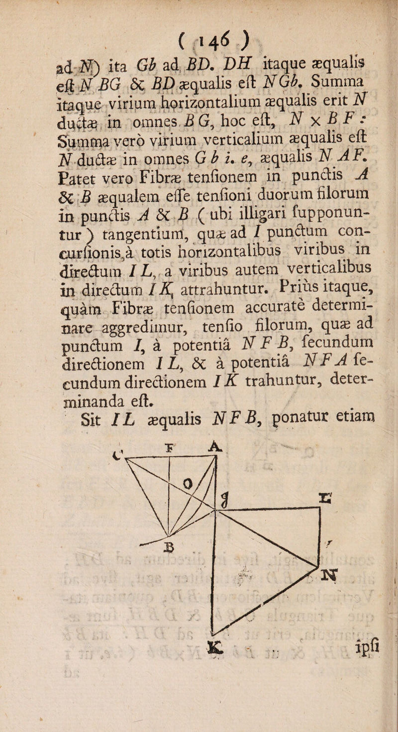 ((i 4<* ) ad H) ita Gb ad BD. DH itaque aequalis eft N BG 5c BD aqualis eft Gb. Summa itaque virium horizontalium aequalis erit N dutte in omnes B G, hoc eft, N x B F : Summa vero virium verticalium aequalis eft N du£he in omnes Gb i. ey aequalis N A F. Patet vero Fibra tenfionem in pundis A di B aqualem elfe tenfioni duorum filorum in pundis A &B ( ubi illigari fupponun- tur ) tangentium, quae ad I pundum con- curfionis,a totis horizontalibus viribus in diredum iLyf a viribus autem verticalibus in diredum IK^ attrahuntur. Prius itaque, quam Fibra tenfionem accurate determi¬ nare aggredimur, tenfio filorum, quae ad pundum 7, a potentia N F B, fecundum diredionem 1L, Si a potentia N F A fe¬ cundum diredionem IK trahuntur, deter¬ minanda eft. Sit IL aequalis NFB, ponatur etiam