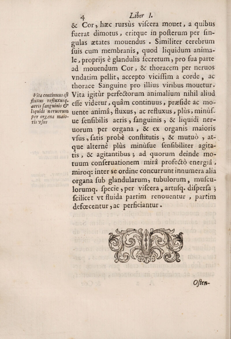 Vita continuus efl fluxus refluxusq. aeris /'anguinis & liquidi nemorum per organa maio¬ ris yjus 4 Liber h & Cor , htec rursus vifcera mouct, a quibus fuerat dimotus, eritque in pofterum per fin- gulas States mouendus . Similiter cerebrum fuis cum membranis, quod liquidum anima¬ le , proprijs e glandulis fecretum, pro fua parte ad mouendum Cor, & thoracem per neruos vndatim pellit, accepto viciffim a corde, ac thorace Sanguine pro illius viribus mouetur. Vita igitur perfedtorum animalium nihil aliud e fle videtur, quam continuus, prsefide ac mo- uente anima, fluxus, ac refluxus, plus,minuf. ue fen fi bilis aeris , fanguinis , 5i liquidi ner- uorum per organa , & ex organis maioris vfus, fatis probe conftitutis , & mutuo , at¬ que alterne plus minufue fenfibiliter agita¬ tis , &c agitantibus j ad quorum deinde mo¬ tuum conferuationem mird profe&d energia , miroq: inter se ordine concurrunt innumera alia organa fub glandularum, tubulorum, mufcu- lorumq. fpecie , per vifcera, artufq. difperfa ; fcilicet vt fluida parfim renouentur , partim defoecentur ,ac perficiantur.