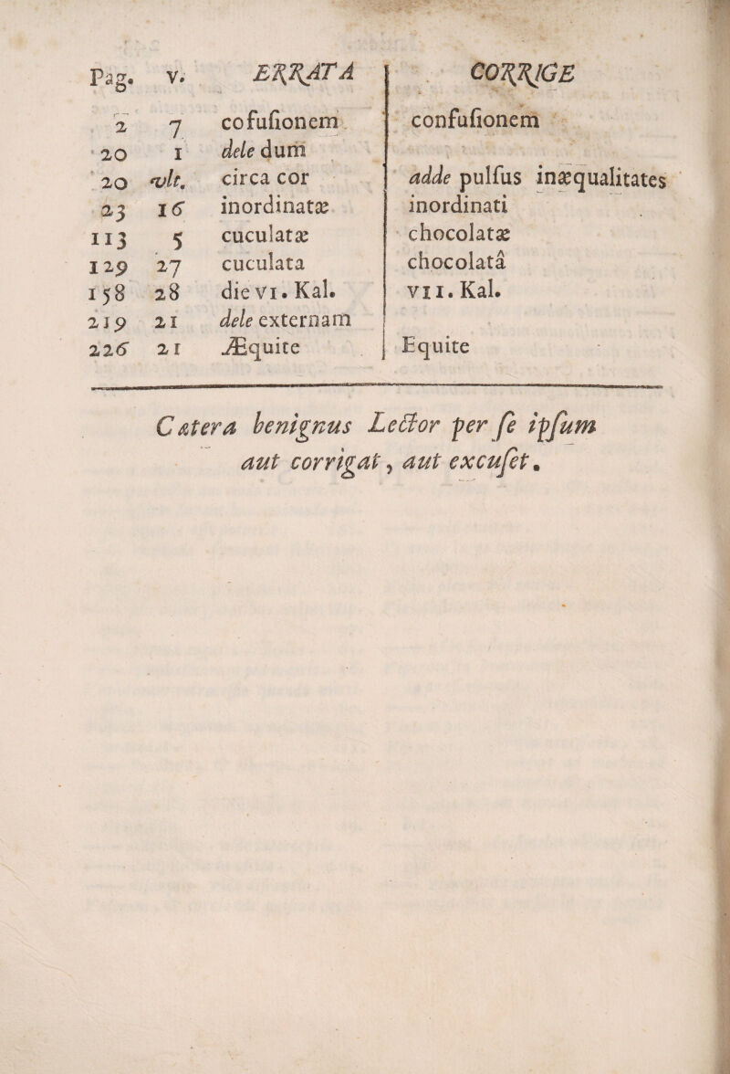 ETGKATA 2 7 co fullonem 20 1 dele dum 20 ‘vle. circa cor 23 16 inordinata? IIJ 5 cuculat» 12 p 27 cuculata I 58 28 die vi. Kal. 2 3 p 21 dele externam 226 21 ^Equite COTiRlGE confufionem adde pulfus inaequalitates inordinati chocolat» chocolata vii. Kal. Equite C ater a benignus LeBor fer fe iffum aut corrigat, aut excufet *