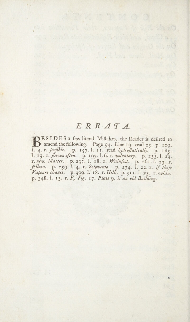 ERRATA. E S I D E S a few literal Millakes, the Reader is deiired to j[y amend the following. Page 94. Line 19. read 25. p. 109. 1. /i^.x.fenjlhle. p. 157. 1. li. read hydrofiatically, p. 185. 1. 19. X. Jhenx}n often, p. 197. 1.6. x. voluntary, p. 233. 1. 2^. j,ne^ Matter, p. 235. I. 18. r. Wainfcot. p. 261.1. 23. n foliomj. p, 259. 1. 4. r. Soto^ento. p. 274. 1. 22. r. if thofe Vapours chance, p. 309. 1. i8. x. Hills, p. 311. J. 23. x.^vhen.