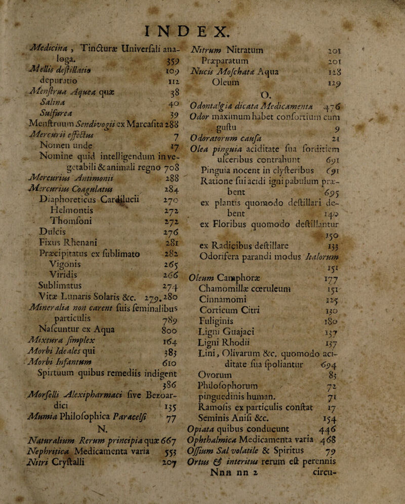Medicina , Tindura* llniverfaii ana- . . ,0§a- 35i&gt; M e Ilis defliUatits 109 depuratio m Menflrua Aquea q«a 38 Salina 40 Suifurea 39 Mcnftruum Sendivogii ex Marcahta 288 Mercurii effetius 7 Nomen unde 17 Nomine qnid intelligendum in ve¬ getabili &amp; animali regno 708 Mercurius Antimonii Mercurius Coagulatus Diaphoreticus Cardalucii Heimontis Thomfoni .. Dulcis Fixus Rhenani Praecipitatus ex fublimato Vigonis 288 284 270 272 272 276 281 282 2^5 2 66 2 74 Viridis Sublimatus Vitae Lunaris Solaris &amp;c. 279.280 Mineralia non carent fuis feminalibus particulis 789 Nafcuntur ex Aqua 800 Mixtura fimplex 164 Morbi Ide ales qui 383 Morbi Infantum 610 Spiituum quibus remediis indigent Morfelli Alexipharmaci five Bezoar- dici 135 Mumia Philofophica Varacelfi K 77 N. Naturalium Rerum principia quae 66j Nephritica Medicamenta varia 553 Nitri Cryftalli 207 20-T 201 128 I29 Nitrum Nitratum Praeparatum Nucis Mojchata Aqua Oleum O. OdontafgU dicata Medicamenta 47 6 Odor maximum habet confortium cum - .guftu 9 Odoratorum caufa 21 Olea pinguia aciditate hia (ordinem ulceribus contrahunt 691 Pinguia nocent in clyderibus C91 Ratione fui acidi igni pabulum pro¬ bent £95 ex plantis quomodo dedi liari de¬ bent 24.0 ex Floribus quomodo dedillantur 250 ex Radicibus deftillare 133 Odorifera parandi modus Italorum 151 Oleum Caraphorae Chamomilbe coeruleum Cinnamomi Corticum Citri Fuliginis Ligni Guajaci Ligni Rhodii Lini, Olivarum &amp;c. quomodo aci- ^94 8$ 72 7l ij x54 44^ r77 151 225 130 180 m *57 ditate fua (poliantur Ovorum Philo(ophorum pinguedinis human. Ramoiis ex particulis condat Seminis Anifi &amp;c. Opiata quibus conducunt Ophthalmica Medicamenta varia 468 Ojfium Sal volatile &amp; Spiritus 79 Ortus &amp; interitus rerum ed perennis Nnn nn 2 circu-