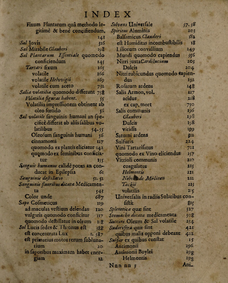 Fixum Plantarum qua methodo le¬ gitime 8c bene concifiendum* Sal Jovis 141 316 Sal Mirabile Glauberi 198 Sal Plantarufn EJfentiale quomodo conficiendum *45 Tartari fixum 169 volatile 166 volatile Helvvigii 169 volatile cum aceto 751 Salia volatilia quomodo differunt 738, Volatilia figurat habent. 35 Volatilia impreffionem obtinent ab oleo foetido $6 Sal volatile (anguinis humani an fpe- cific£ differat ab aliis falibus vo¬ latilibus 54*55 Oleofum fanguinis humani 56 cinnamomi 127 quomodo ex plantis eliciatur 142 quqmodoex feminibus conficia* tur 155 Stinguis humanus calide potws an con¬ ducat in Epilepfia &lt;5i Sanguinis dejlillatio fi. 52 Sanguinis fluoribus dicata. Medicamen¬ ta 543: Color unde Sapo Gofmeticus 115» ad maculas vedium delendas; ira vulgaris quomodo conficitur 117 quomodo deftillatur in oleum ug Sol Lucis fedes &amp; Thronus eft 388' efi concentrata Lux 1. 387 eft primarius motor rerum fubiuna- rium 20) in faporibus maximam habet ener¬ giam jz, 37* 3$ 103 i$i i3 14 9 205 Dulcis 204 Nitrirubicundus quomodo capien¬ dus 191 Rofarum ardens 148 Salis Armon.vol. 217 acidus n'3 ex cap. mort 75° Salis communis 196 Glauberi 178 Dulcis i&lt;/8 t viridis. 199 Saturni ardens 312 Sulfuris; 224 Vini Tartarifatus 721 quomodo ex Vino* eliciendus 157 Vitrioli communis 210 coagulatus 215 / Helmontis 211 Nobittzde Jhtvlinen 212 Tackii Zly volatilis 215 Univetfalis in radiisSoIaribus con¬ fidit 815 Splenetica• quae fint 527 Stomacho dicata medicamenta 508 Succini Oleum &amp; Sal volatile 234 Sudorifera quae fint 421 quibus malis opponi debeant: 422 Sulfiir ex quibus condat 15 Antimonii 196 Antimonii Boyleii 29$ Helmontis 19$ Nnn nn 3 Ani. INDEX Solvens Univerfale Spiritus Aluminis Balfamicus Clauderi ed Humiditas incombudibilis Liliorum convallium Mundi quomodo capiendus Nitri juxtaCardilucium