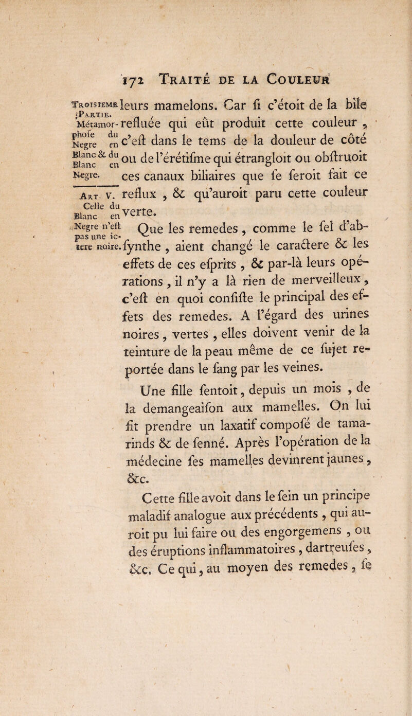 Troisième leurs mamelons. Car fi c’étoit de la bile ÿ p 1E» Métamor-refluée qui eût produit cette couleur , ffegre en c’efl: dans le tems de la douleur de côté Sanc& en 011 l’érétifme qui étrangloit ou obflruoit ^tegre. ces canaux biliaires que le feroit fait ce Art v. reflux , 6c qu’auroit paru cette couleur Celie du Blanc enVciLL. Negre n’eft Que les remedes , comme le feî d’ab- pas une ic- ^ # 7 pi sere noire, fynthe , aient change le caractère oc les effets de ces efprits , 6c par-là leurs ope¬ rations 9 il n’y a là rien de merveilleux 9 c’efï en quoi conliile le principal des ef¬ fets des remedes. A l’égard des urines noires, vertes , elles doivent venir de la teinture de la peau même de ce fujet re¬ portée dans le fang par les veines. Une file fentoit, depuis un mois * de îa demangeaifon aux mamelles. On lui fit prendre un laxatif compofé de tama¬ rin ds 6c de fenné. Après l’opération de la médecine fes mamelles devinrent jaunes, &c. Cette filleavoit dans lefein un principe maladif analogue aux précédents , qui au- roiî pu lui faire ou des engorgemens , ou des éruptions inflammatoires , dartreufes * &cs Ce qui, au moyen des remedes, fe