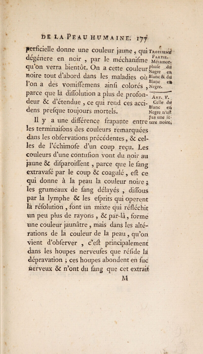 de iA Peau humaine; tyf perfîcielle donne une couleur jaune 4 quiTaoijniS dégénéré en noir , par le méchanifme M&amoV, qu’on verra bientôt. On a cette couleurphofe ll • j, i • i t Kegre ea noire tout d abord dans les maladies Ou Blanc & dii Fon a des vomiffemens ainfi colorés ,Negre. ^ parce que là diflbiution a plus de profon- ' Apx deur 6c d’étendue , ce qui rend ces acci- Celle dl* dens prefque toujours mortels. Negre n’eft Il y a une différence frapante entre terenoire, les terminaifons des couleurs remarquées dans les obfervations précédentes, 6c cel¬ les de l’échimofe d’un coup reçu. Les couleurs d’une contufion vont du noir au jaune 6c difparoiffent , parce que le fang extravafé par le coup 6c coagulé , efl: ce qui donne à la peau la couleur noire ; les grumeaux de fang délayés , diiTous par la lymphe 6c les efprits qui opèrent la réfolutiori , font un mixte qui réfléchit un peu plus de rayons , 6c par-là, forme une couleur jaunâtre , mais dans les alté¬ rations de la couleur de la peau, qu’on vient d’obferver , c’efl: principalement dans les houpes nerveulès que réflde lai dépravation ; ces houpes abondent en fuc nerveux 6c n’ont du fang que cet extrait M