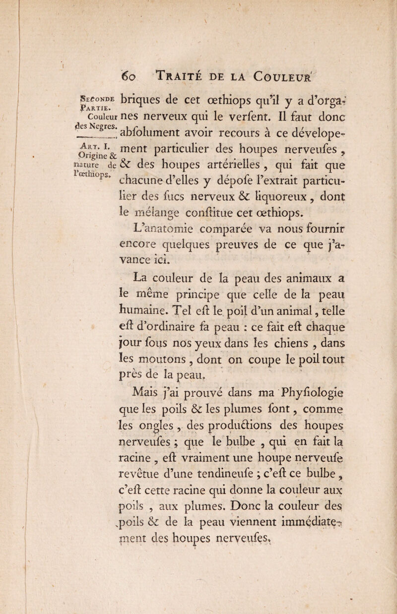 briques de cet œthiops qu’il y a d’orga- couleur nés nerveux qui le verfent. Il faut donc des Ncgres. jument avoir recours à ce dévelope- OrMne*& ment particulier des houpes nerveufes ? nature de & des houpes artérielles , qui fait que lœthiopa. cjlacjune d’elles y dépofe l’extrait particu¬ lier des flics nerveux & liquoreux , dont le mélange conftitue cet œthiops. L’anatomie comparée va nous fournir encore quelques preuves de ce que j’a¬ vance ici. La couleur de la peau des animaux a le même principe que celle de la peau humaine. Tel eff le poil d’un animal 9 telle eil d’ordinaire fa peau : ce fait efl chaque jour fous nos yeux dans les chiens 9 dans les moutons 5 dont on coupe le poil tout près de la peau. Mais j’ai prouvé dans ma Phyfiologie que les poils & les plumes font y comme les ongles 9 des produêlions des houpes nerveufes ; que le bulbe , qui en fait la racine 9 eft vraiment une houpe nerveufe revêtue d’une tendineufe ; c’ed: ce bulbe y c’e/1 cette racine qui donne la couleur aux poils 9 aux plumes. Donc la couleur des Npoils & de la peau viennent immédiate? nient des houpes nerveufes.