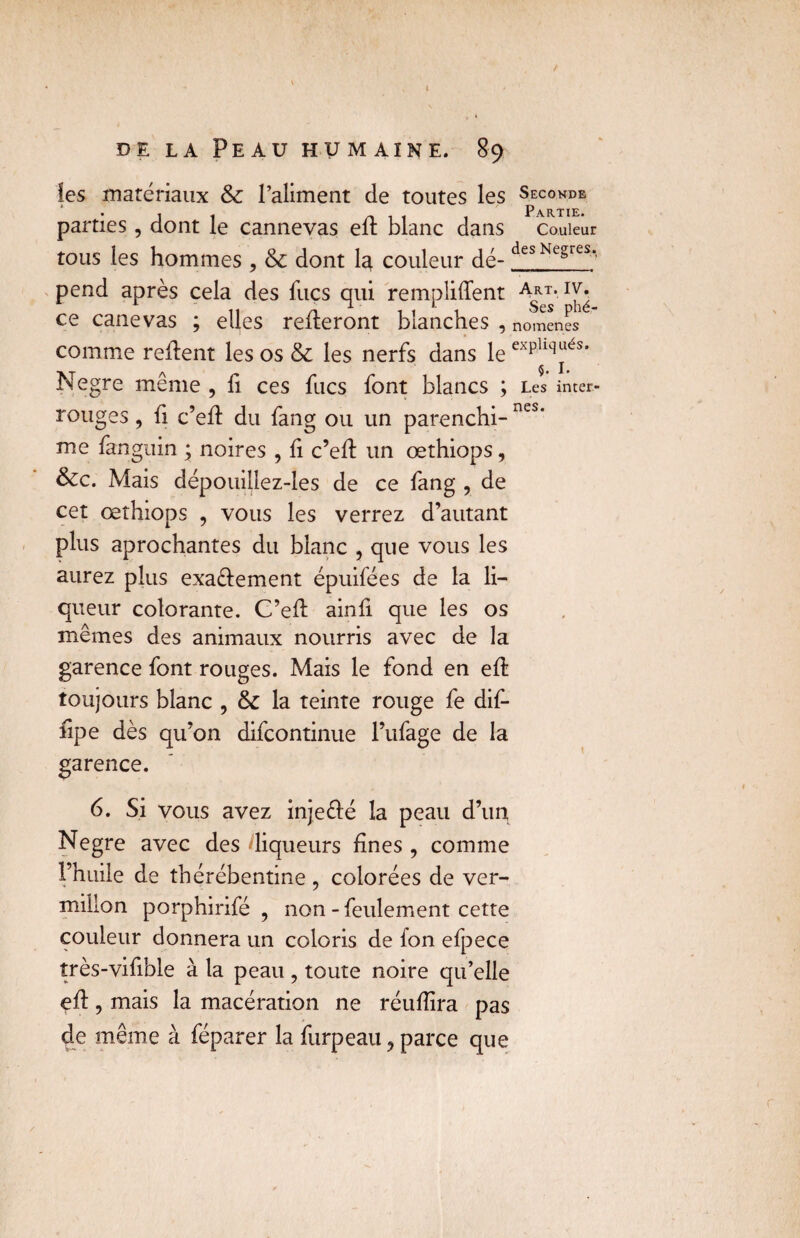 les matériaux & l’aliment de toutes les Seconde parties, dont le cannevas ell blanc dans Couleur tous les hommes , & dont I3 couleur dé- des Negres* pend après cela des lues qui remplirent A^t. iv. ce canevas ; elles relieront blanches 3 nomenes comme relient les os & les nerfs dans le expliqJïés* Negre même , fi ces fucs font blancs ; Les inter¬ rouges , fi c’ell du fang ou un parenchi- nes* me fanguin * noires , li c’ell un œthiops, &c. Mais dépouillez-les de ce fang , de cet œthiops , vous les verrez d’autant plus aprochantes du blanc , que vous les aurez plus exaélement épuifées de la li¬ queur colorante. C’ell ainli que les os mêmes des animaux nourris avec de la garence font rouges. Mais le fond en ell toujours blanc , 6c la teinte rouge fe dif- fipe dès qu’on difeontinue l’ufage de la garence. 6. Si vous avez injeélé la peau d’un Negre avec des liqueurs fines , comme l’huile de thérébentine ? colorées de ver¬ millon porphirifé , non - feulement cette couleur donnera un coloris de Ion efpece îrès-vifible à la peau , toute noire qu’elle ell, mais la macération ne réuflira pas de même à féparer la furpeau ? parce que