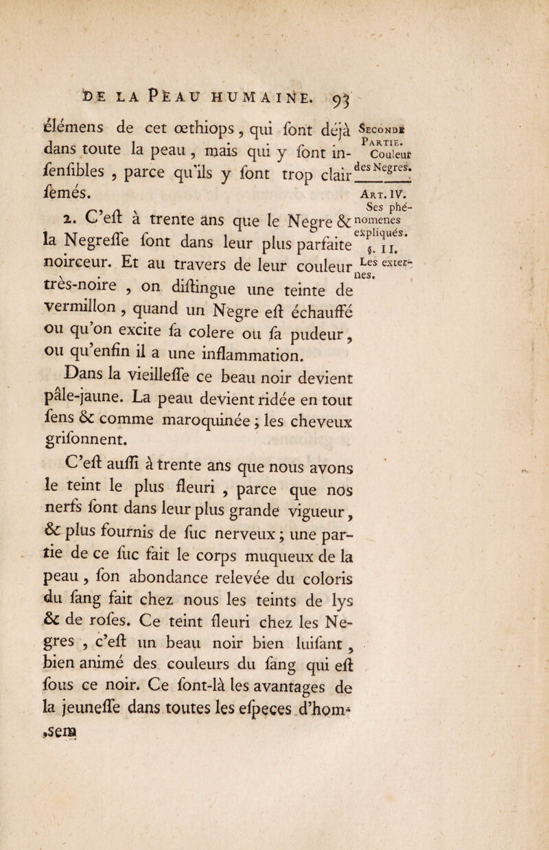 élémens de cet œthiops, qui font déjà Second* dsns tOllte là pe3U 9 mais qui y font lll- Couleur fenfibles , parce qu'ils y font trop clair desNegre*‘ femés. Art. IV. n V t Ses phé- 2. ^ elt a trente ans que le Negre & nomenes la Negreffe font dans leur plus parfaite noirceur. Et au travers de leur couleur Les ester- ' • .... nés. tres-noire ? on difhngue une teinte de vermillon, quand un Negre efl échauffé ou qu on excite fa colere ou fa pudeur, ou qu enfin il a une inflammation. Dans la vieilleffe ce beau noir devient pale-jaune. La peau devient ridée en tout fens 6c comme maroquinée ; les cheveux grifonnent. C’eft aufîî à trente ans que nous avons le teint le plus fleuri , parce que nos nerfs font dans leur plus grande vigueur, & plus fournis de flic nerveux ; une par¬ tie de ce fuc fait le corps muqueux de la peau , fon abondance relevée du coloris du fang fait chez nous les teints de lys 6c de rofes. Ce teint fleuri chez les Nè¬ gres , c’efl un beau noir bien luifant , bien animé des couleurs du fang qui efl fous ce noir. Ce font-là les avantages de la jeuneffe dans toutes les efpeces d’hom* .sera