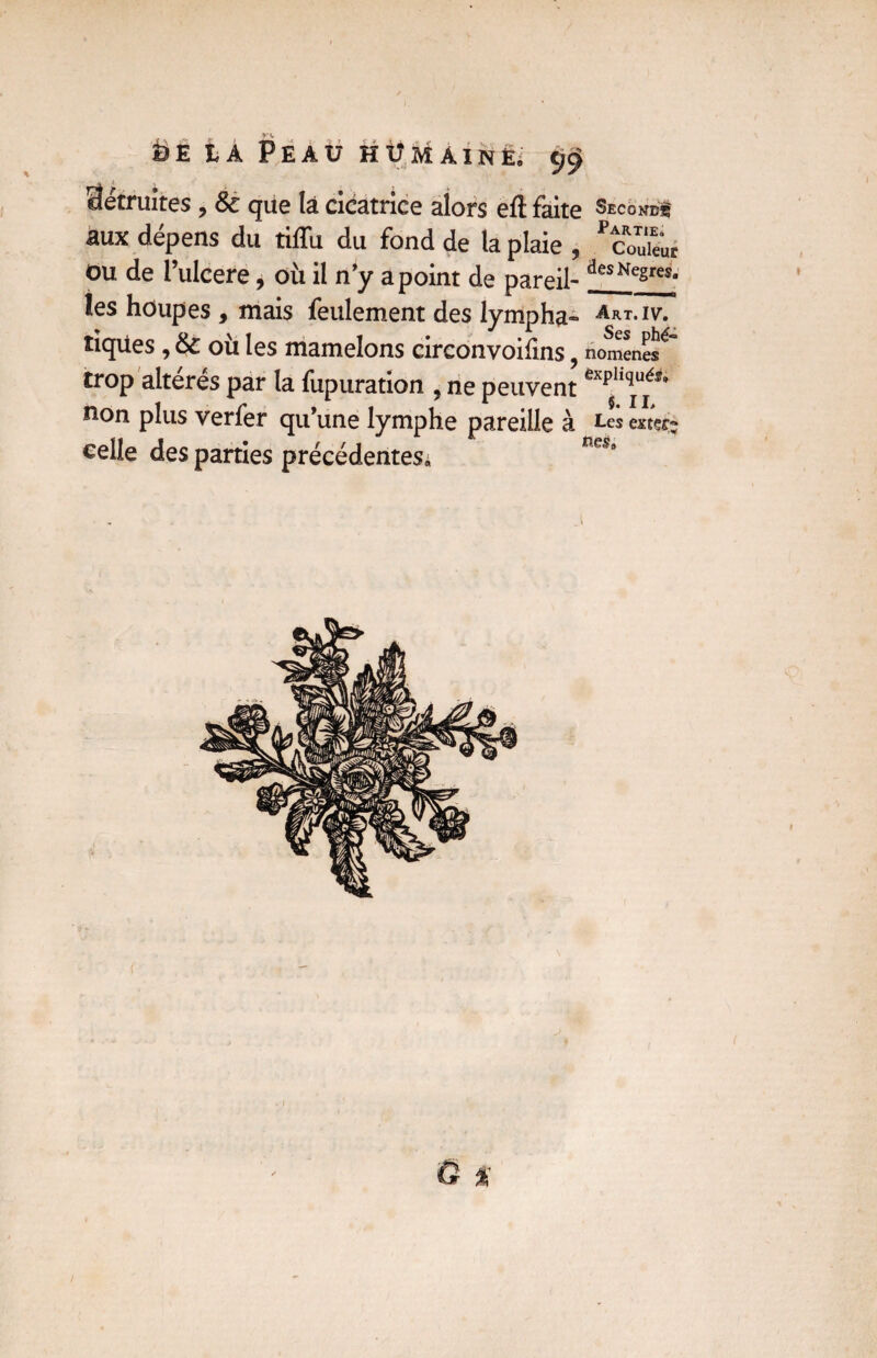 détruites , 8c que là cicatrice alors eft faite aux dépens du tiffu du fond de la plaie , ou de i’ulcere, où il n'y a point de pareil¬ les houpes , mais feulement des lympha¬ tiques , 8c où les mamelons circonvoifins, trop altérés par la fupuration , ne peuvent non plus verfer quune lymphe pareille à celle des parties précédentes» Seconds Partie, Couleur des Negres. Art. IV, Ses phé¬ nomènes expliqués» 5. IL Les exter¬ nes»