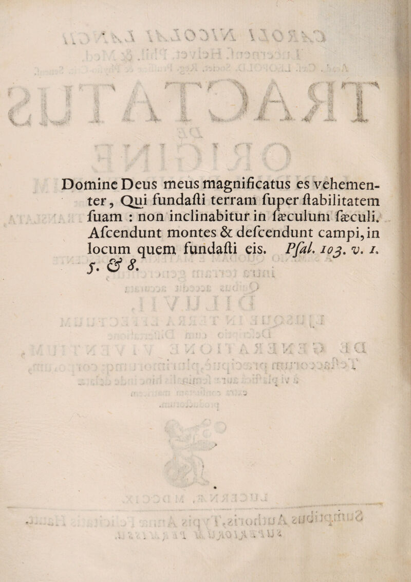 Domine Deus meus magnificatus es vehemen¬ ter , Qui fundafti terram fuper flabilitatetn luam : non inclinabitur in feculum foculi. Afcendunt montes & defcendunt campi, in locum quem fundafti eis. Pfal. 103. v. /. S-&*- r