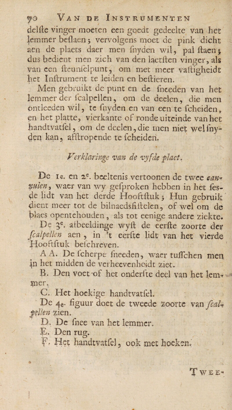 delfle vinger moeten een gQedt gedeelte van het lemmer bcflaen -, vervolgens moet de pink dicht aen de plaets daer men fnyden wil, pal ilaen^ dus bedient men zich van den laedlen vingermals van een fte uni el punt 5 om met meer vaitigheidt het Infiniment te leiden en bellieren. Men gebruikt de punt en de fneeden van het lemmer der fcalpellen 9 om de deden, die men óntlecden wil, te fnyden en van een te feheiden, en het platte, vierkante of ronde uiteinde van het handtvatfel, om de deelen,die men niet welfny- <$en kan, afilropende te fcheiden» Verklaringe van de vyfde plaet. De ie. en 2e. beeltenis vertoonen de twee cam tulen > waer van wy gefproken hebben in het fes- de lidt van het derde Hooftfluk 5 Hun gebruik dient meer tot de biinaedsfillelen, of wel om de blaes opentehouden 5 als tot eenige andere ziekte» De 5e. afbeeldinge wyfl de eerfle zoorte der fcalpellen aen , in ?t eerfte lidt van het vierde Hooftftuk befchreven. _ A A. De fcherpe fneeden, waer tuflehen men \n het midden de verheevenheidt zier. B. Den voet-of het onderlte deel van het lem* pier, C. Het hoekige handtvatfel. ’ 4e- figuur doet de tweede Zoorte van fcaU tdlen zien. D. Dc fnee van het lemmer, E. Den rug. Het handtvatfel, ook met hoeken» T W E E- j