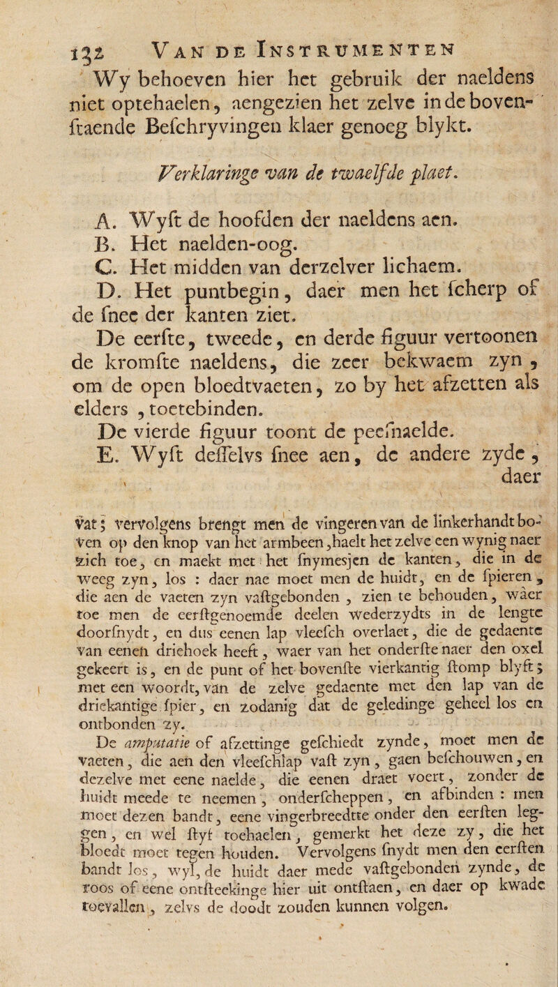 Wy behoeven hier het gebruik der naeldens niet optehaelen, aengezien het zelve in de boven- ftaende Befchryvingen klaer genoeg blykt. Verklaringe van de twaelfde flaet. A. Wyft de hoofden der naeldens aen. B. Het naelden-oog. C. Het midden van derzelver lichaem. D. Het puntbegin , daer men het fcherp of de fnec der kanten ziet. De eerfte , tweede , en derde figuur vertoonen de kromfte naeldens, die zeer bekwaem zyn , om de open bloedtvaeten, zo by het afzetten als elders , toetebinden. De vierde figuur toont de peefnaelde. E. Wyft defielys fnee aen, dc andere zyde, daer vat 5 vervolgens brengt men de vingeren van de linkerhandt bo¬ ven op den knop van het armbeen ,haelt hetzelve een wynignaer xich toe, en maekt met het fnymesjen dc kanten , die in de weeg zyn, los : daer nae moet men de huidt, en de fpieren , die aen de vaeten -zyn vaftgebonden , zien te behouden, waer toe men de eerftgenoemde deelen Wederzydts in de lengte doorfnydt, en dus eenen lap vleefch overlaet, die de gedaentc van eeneü driehoek heeft, waer van het onderfte naer den oxel gekeert is, en de punt of het bovenfte vierkantig ftomp blyft ; met een woordt, van de zelve gedaente met den lap van de driekantige .{pier, cn zodanig dat de geledinge geheel los en ontbonden zy. De amputatie of afzettinge gefchiedt zynde, moet men dc vaeten, die aen den vleefchlap vaft zyn, gaen befchouwen, en dezelve met eene naelde, die eenen draet voert, zonder dc huidt meede te neemen , onderfcheppen, cn ^ afbinden : trien moet dezen bandt, eene vingerbreedtte onder den eerften leg¬ gen , en wel ftyf toehaelen, gemerkt het deze zy, die het bloedt moet tegen houden. Vervolgens fnydt men den eerften bandt los , wyl, de huidt daer mede vaftgebonden zynde, dc roos of eene ontfteekinge hier uit ontftaen, en daer op kwade toevallen', zelvs de doodt zouden kunnen volgen.