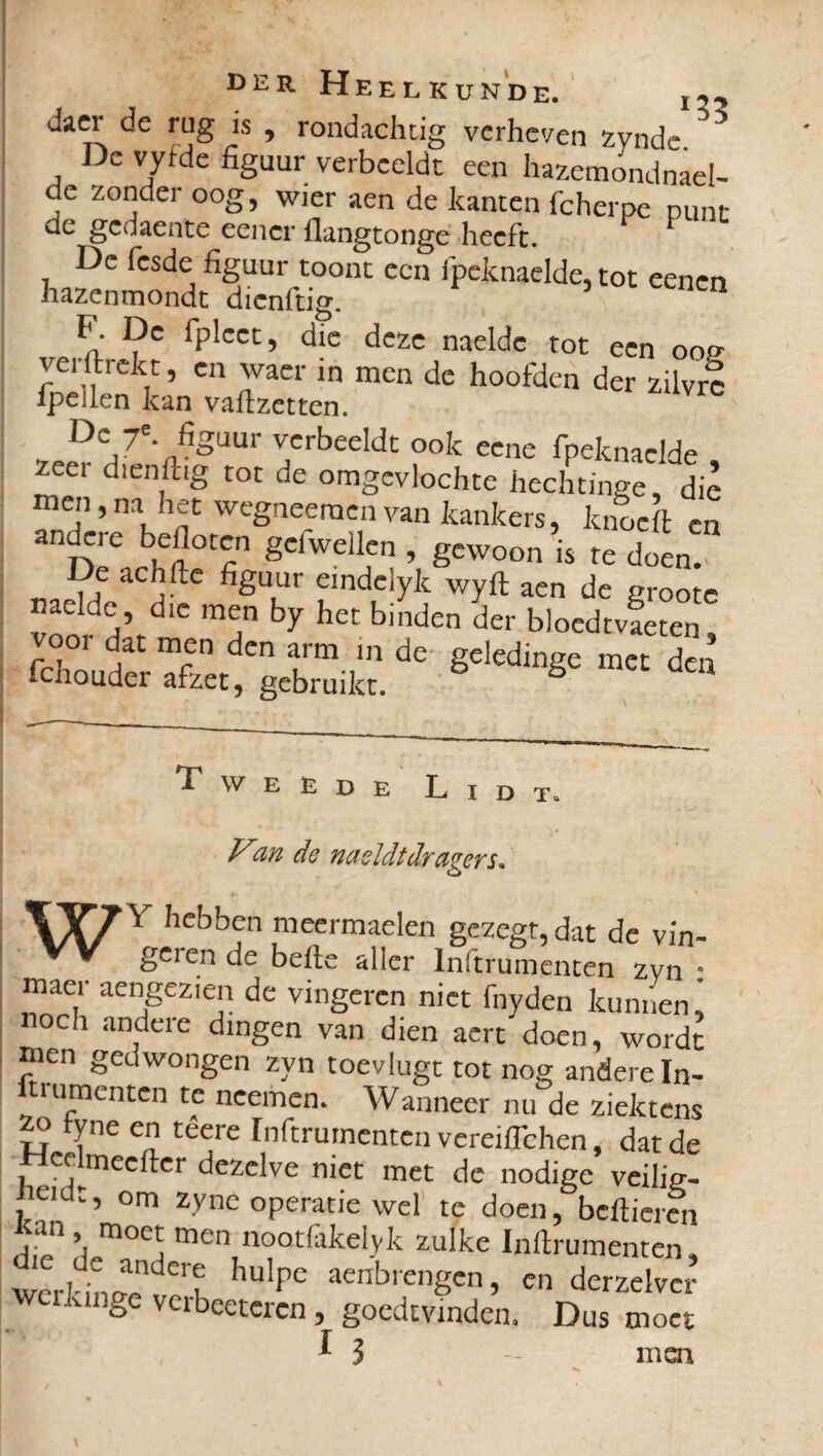 Jaer dc rug is , rondachtig verheven zyndc. Dc vyfde figuur verbeeldt een hazemondnael- de zonder oog, wier aen de kanten (cherpc punt de gedaente eencr flangtonge heeft. De fesde figuur toont een fpeknaelde, tot eenen hazenmondt dienftig. F. De fplcct, die deze naeldc tot een oof verftrekt, en waer in men de hoofden der zilvre Ipellen kan vaftzetten. 7 ' J?3ÜUI verbeeldt ook eene fpeknaelde zeer dienftig tot de omgevlochte hechtinge, die men,na het wegneeraenvan kankers, knoeft en andere Gefloten gciweilen , gewoon is te doen. De achfte figuur emdeiyk wyft aen de groote naeldc, die men by het binden der bloedtvaeten vooi dat men den arm m de geledinge met den fchouder afzet, gebruikt. b 1 W E E D E Li D T\ V%n de meldt dragers* WY hebben meermaelen gezegt, dat de vin- geiende befte aller lnftrumenten zvn * maer aengezien de vingeren niet fnyden kunnen' och andere dingen van dien aert doen, wordt men gedwongen zyn toevlugt tot nog andere In¬ strumenten te ncemen. Wanneer nu de ziektens 7? tfne e teere lnftrumenten vereiflehen, dat de Hedtneefter dezelve niet met de nodige veilig- , dt’ om zyne operatie wel te doen, bellieren tan , moet men nootfakelyk zulke lnftrumenten, werkL?dC1T huIpC aenbrengcnj en derzelver ge verbeetcrcn, goedtvinden. Dus moet ï 3 - men