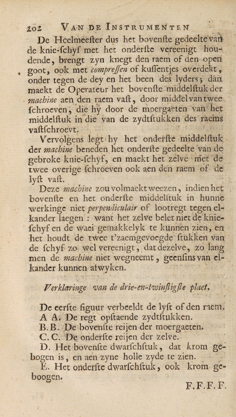 De Hcelmeefter dus het bovenfte gedeelte van de knie-fchÿf met het onderfte vereenigt hou¬ dende , brengt zy n knegt den raem of den open goot, ook met cumprejfen of kuikentjes overdekt, onder tegen de dey en het been des lyders -, dan maekt de Operateur het bovenfte middelftuk der machine aen den raem vaft, door middel van twee fchrocven, die hy door de moergaeten van het middelftuk in die van de zydtftukken des raems vaftfchroevt. Vervolgens legt hy het onderfte middelftuk der machine beneden het onderfte gedeelte van de gebroke knie-fchyf, en maekt het zelve met de twee overige fchroeven ook aen den raem of de lyft vaft. Deze machine zouvolmaektweezen, indien het bovenfte en het onderfte middelftuk in hunne werkingc niet perpendiculair of lootregt tegen el¬ kander laegen : want het zelve belet met de knie- fchyf en de waei gemakkelyk te kunnen zien, en het houdt de twee t’zaemgevocgde ftukkcn van de fchyf zo wel vereenigt, dat dezelve, zolang men de machine niet wegneemt, gecnfins van el¬ kander kunnen aiwyken. Verklaringe van de drie- en-ivoinfligfle pïaet. De eerfte figuur verbeeldt de lyft of den raem. A A. De regt opftaende zydtftukken. B. B. De bovenfte reijen der moergaeten. C. C. De onderfte reijen der zelve. D. Het bovenfte dwarfchftuk, dat krom ge¬ bogen is, en aen zyne holle zyde te zien. E. Het onderfte dwarfchftuk, ook krom ge- boogen. F. F. F. F,