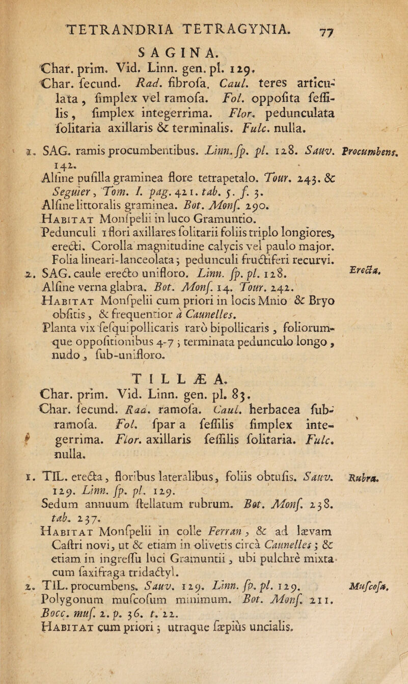 SAGINA. Char. prim. Vid. Linn. gen.pl. 129« Char. fecund. Rad. flbrofa, CauL teres artlcu« lata , fimplex vel ramofa. FoL oppofita feffi- lis , fimplex integerrima. Flor, pedunculata folitaria axillaris 6c terminalis. Fulc. nulla. 1. SAG. ramis procumbentibus. Lim..fp. pl. 128. Sauv. Vrocumbms. 141. Aliine pufllla graminea flore tetrapetalo. Tour. 243. <Sc Seguier, Tom. /. pag.^11. 5. f. 3. Alline littoralis graminea. Bot. Monf 290. Habitat Monfpelii in luco Gramuntio. Pedunculi 1 flori axillares folitarii foliis triplo longiores, eredfci. Corolla magnitudine calycis vel paulo major. Folia lineari-lanceolata; pedunculi fmdtiferi recurvi. 2. SAG. caule ere£fco unifloro. Linn. fp. pl. 128. Alflne verna glabra. Bot. Monf 14. Tour. 242.' Habitat Monfpelii cum priori in locis Mnio & Bryo oblitis , & frequentior 4 Caunelles. Planta vix fefqui pollicaris raro bipollicaris , foliorum¬ que oppolitionibus 4-7 i terminata pedunculo longo , nudofub-unifloro. Erecla. T I L L JE A. Char. prim. Vid. Linn. gen. ph 83. Char. fecund. Raa. ramofa. CauL herbacea fub- ramofa. Fol. fpar a feflilis fimplex inte¬ gerrima. Flor. axillaris feflilis folitaria. Fulc, nulla. 1. TIL. ere&a, floribus lateralibus, foliis obtufis. Sauv. Rubra. 129. Linn. fp. pl. 129. Sedum annuum Aellatum rubrum. Bot. Monf 238. tab. 237. Habitat Monfpelii in colle Ferran, & ad lasvam Caftri novi, ut & etiam in olivetis circa Caunelles; & etiam in ingreflu luci Gramuntii, ubi pulchre mixta* cum faxifraga tridadlyl. 2. TIL. procumbens. Sauv. 129. Linn. fp.. pl. 119. Mufc&fa. Polygonum mufcofum minimum. Bot. Monf. 211. Bocc. i»#/] i.p. 36. f. 22. Habitat cum priori 5 utraque ftepius uncialis.