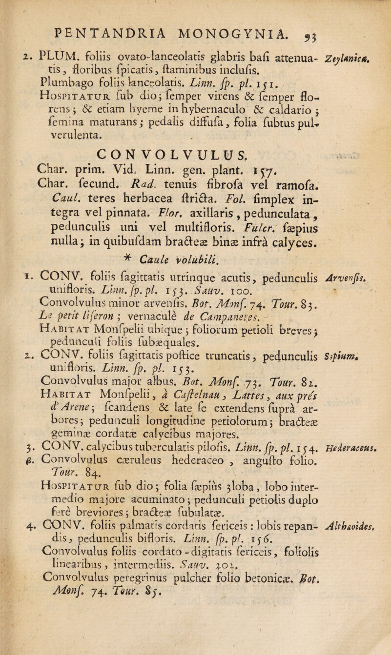 2. PLUM. foliis ovato-lanceolatis glabris bafl attenua- ZeyUnicet, tis, floribus fpicatis, flaminibus inclutis. Plumbago foliis knceolatis. Llnn. fp. pl. iyi. Hospitatur fub dio; femper virens Sc femper flo¬ rens ; Sc etiam hyeme in hybernaculo & caldario ; femina maturans; pedalis diffufa , folia fubtus pul¬ verulenta* CONVOLVULUS. Char. prim. VicL Linn. gen. piant. 157. Char, fecund. Rad tenuis fibrofa yel ramofa» Caul. teres herbacea flri&a. Fol. fimplex in¬ tegra vel pinnata. Flor. axillaris , pedunculata , pedunculis uni vel multifloris, Fulcr. faepius nulla; in quibufdam bra&eae binae infra calyces. Caule volubili. 1. CONV. foliis fagittatis utrinque acutis, pedunculis Arvenfis. unifloris. Linn. fp. pl. 1 y 3. Sauv. 100. Convolvulus minor arvenlis. Bot. Monf. 74. Tour. 83. Le petit liferon ; vernacule de Campnnet.es. Habitat Monfpelii ubique ; foliorum petioli breves; pedunculi foliis iubaequales. 2. CONV. foliis fagittatis poftice truncatis, pedunculis Sspium, unifloris. Linn. fp. pl. 153. Convolvulus major albus. Bot. Monf. 73. Tour. 82. Habitat Monfpelii, a Cafielnau, Lattes, aux pre's d’ Arem; fcandens Sc late fe extendens fupra ar¬ bores; pedunculi longitudine petiolorum; bra&eae geminas cordatas calycibus majores. 3. CONV. calycibus tuberculatis pilofls. Linn. fp. pl. 1 y 4. Hederaceus. Convolvulus caeruleus hederaceo , anguflo folio. Tour. 84. Hospitatur fub dio; folia -flepius 3loba, lobo inter¬ medio majore acuminato; pedunculi petiolis duplo fere breviores; braefleae Tubulatae, 4. CONV. foliis palmatis cordatis fericeis: lobis repan- Altb&oides, dis j, pedunculis bifloris. Linn. fp. pl. iy6. Convolvulus foliis cordato - digitatis fericeis, foliolis linearibus, intermediis. Sauv. 201, Convolvulus peregrinus pulcher folio betonicae, Bota Monf 74. Tour. Sj.