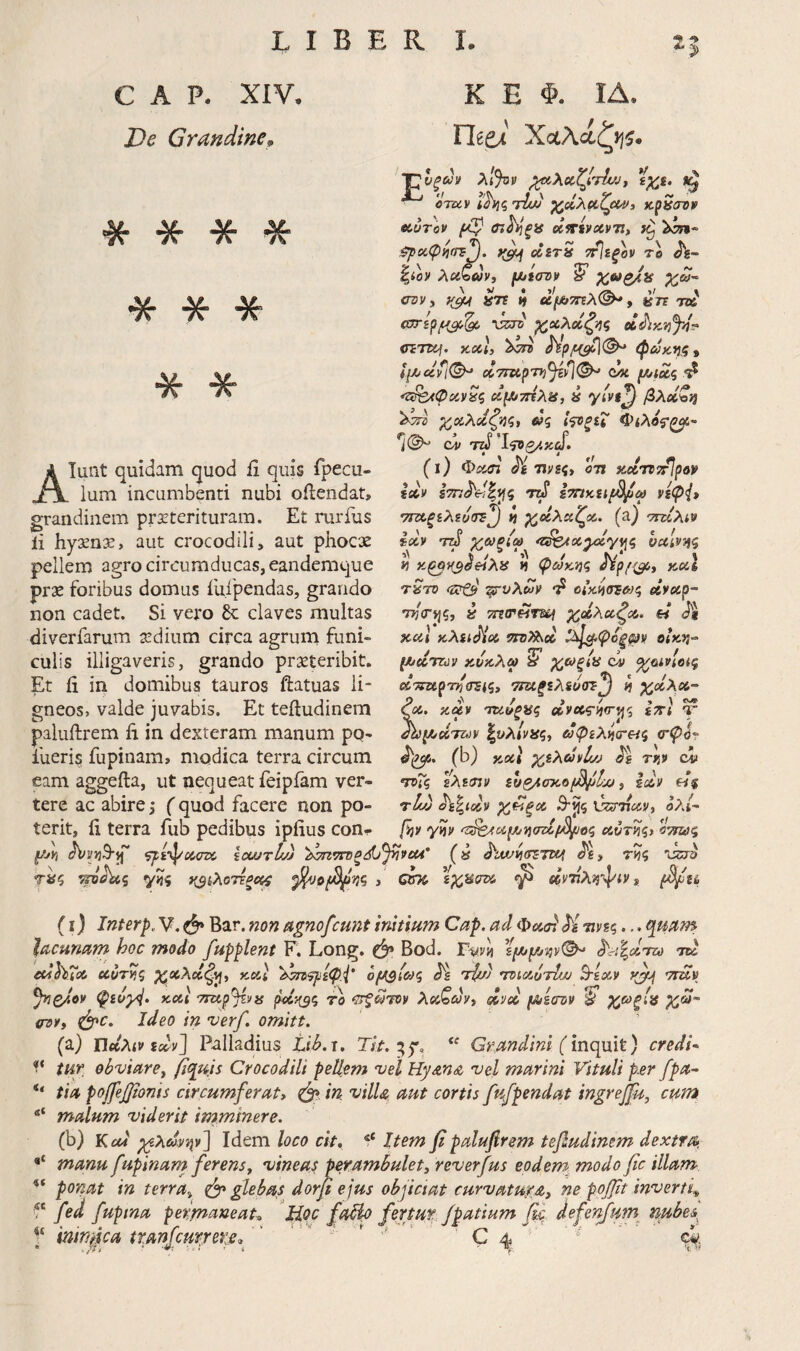 Η C A P. XIV. De Grandine, ^ Jf ^ * * * * * Alunt quidam quod ii quis fpecu- lum incumbenti nubi oilendat, grandinem prxteriturara. Et rurfus ii hysenie, aut crocodili, aut phocse pellem agro circumducas, eandemque prse foribus domus iuipendas, grando non cadet. Si vero 8c claves multas diverfarum a!dium circa agrum funi¬ culis illigaveris, grando pratteribit. Et ii in domibus tauros ftatuas li¬ gneos, valde juvabis. Et teftudinem paluftrem ii in dexteram manum pq- fueris fupinam, modica terra circum eam aggefta, ut nequeat feipfam ver¬ tere ac abire j (quod facere non po¬ terit, li terra fub pedibus ipiius con- •η,ί’^Λστύ IcwtL·) (» τίϊς \kja τ»ς γίίς y^iλ(i^^τξcιi^ > CW ^ ί6ν77λ55ψ<ν, ti Κ Ε Φ. ΙΔ. Π66ί Χαλάζιίί. Τ^Ιξαν λ!%ν ^XccZjMifji ^ OTUV τΙμ KpSaviP βίΰτον (η^Ιξϋ dsrsvxvTi, ^ρχφ^ίΤΐΊ. }(^ cIstS T^ifiov TO Λ- ζίον Ae4bA»v, f/JiOTiv y Χ^ζ/iy ΰτν y yjiui yit 4 , ύ'η τα' -[kro ρ(^χλχζίίς tTETKf. xxl, ^ατΰ φίύκης y Ιμ/€ίη(^ xTmpTvJeyl^ cit *ζ^φχν^ζ ΰμ/7τίλ^, « y/vf^ βλοίζΐ} χ^χλχζηζ^ ίί^ξίΐ’ ΦίλβΓ^” ou (ι) Φχσι Ji nysi» cn κ-οίηττίρον ixv s777<i'e|tj5 τιβ ΐτηκίΐβ^ω νίφ{> •πχξζλευίΤΒ^ 4 χοίλχζχ. (a) -τταλί» ΐχν Χ^ξ^^ ^§SAxyoiy^e, υχΙνίΐζ 4 4 ψωκηζ ^p/i^i καΐ τ^ΎΌ (Ζΐτζ^ ψυλων ^ οικιΐ(τε&>ζ dvxp- χοίλχζχ. η J'* κχ\ κλα^χ ^Titsoi oiKt}- / / . Τ* ^/? / l/uccTZdv κνκλω ϋ ον eiC7mpr)^(rsi<ii 7τκξίλίυ(η^ 4 χχλχ~ Osi. κακ 'τκι/ξας avavJio-tj? ίττι γ Jh^eirz,)y %uxivisqy άφίλίίατ&ίς ο’φύτ (b) jccc* Tfjv ci? ν^Γς ελεσ:^ ευζΑσχοβ^ΐΜ y idv Hi tIuj ίαν χ^ξχ ^^5 ϋζντίκν, βλ/- /ijy y?v ίβϋΓϋς, iWzy^ (I) Interp, V. ^ Bar. wo» agnofcunt mitium Cap. ad Φασ} τινες... qmm lacunam hoc modo fupplent F. Long. ^ Bod. r^v4 i^y^nv^ ^^χτω τα ctihXx «{5r>?5 Χ^χζ^ί y-x-i '^^‘φίφ.Ρ hyslac, 'τίμ) 'τοιχύτίω ^εχν yjr,j ttuv ^QAov φευγ4> xxl ττχρ^να ^χ>($ζ το •^τξ^τον XxQdyy dvx yticrov S Χ^ξ'^ X^ trovy ^c. Ideo in verf. omitt. (a) Πχλιν soiv] Palladius Lily.i. Tit.p^y^ “ Gmndini credi* tur obviarCy fiqujs Crocodili pellem vel Hyana vel marini Vituli per fpa* tia poβeβ^onis circumferat^ (fyg. in vilU aut cortis fufpendat ingrejfu, cum malum viderit imminere. (b) KcM ρ(ΐλω.νψ~\ Idem loco cit, “ Itemβpalufrem tefiudinem dextra· manu fupinarn ferensy vineay perambulet, reverfus eodem^ modo fc illam ponat in terra, ^glebas dorfi ejus objiciat curvatura> ne pofit in^verti^ fed fupina perm^^^eat» 'Hpc faBo fertur Jpatium fic defenfum nubes^ iniryica ttanfcmreu,^ * C ^ «( <( «t 4* «(