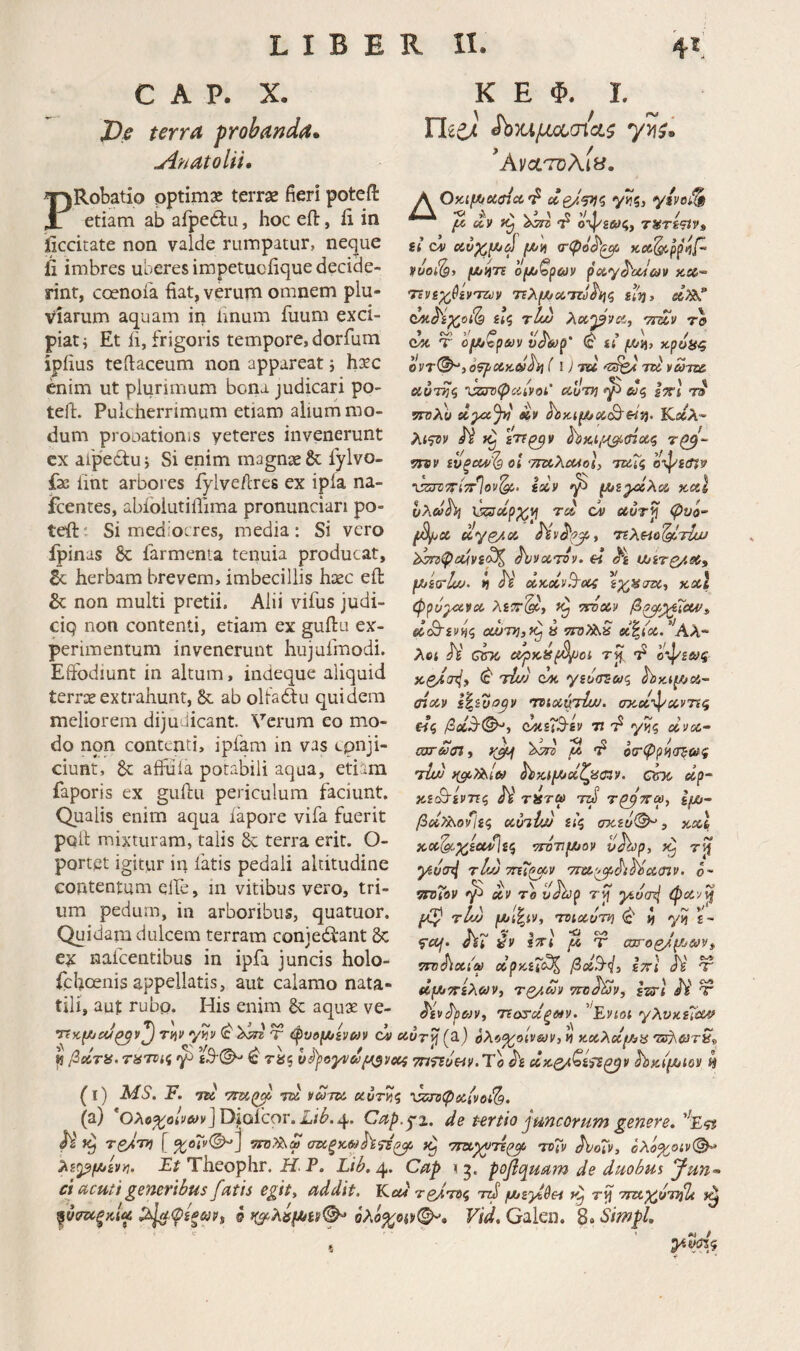 C A P. X· J)e terra probanda, uinatolii· PRobatio pptimse terrae fieri poteft etiam ab afpetlu, hoc eil, ii in ficcitate non valde rumpatur, neque fi imbres uberes impetucfique decide¬ rint, coenoia fiat, verurn omnem plu¬ viarum aquam in linum fuum exci¬ piat i Et ii, frigoris tempore, dorfum ipfius tefiaceum non appareat j hsec enim ut plurimum bona judicari po- tefi:. Pulcherrimum etiam aliurn mo¬ dum prouationis veteres invenerunt cx afpediu j Si enim magnae & lylvo- fac lint arbores fylve/lres ex ipia na- icentes, abibiutiilima pronunciari po- teftt Si mediocres, media: Si vero ipinas 8c farmenia tenuia producat, herbam brevem, imbecillis haec eil & non multi pretii. Alii vifus judi- ciq non contenti, etiam ex guilu ex¬ perimentum invenerunt hujuimodi. Effodiunt in altum, indeque aliquid terrae extrahunt, & ab oltaftu quidem meliorem dijudicant. Verum eo mo¬ do non contenti, ipiam in vas cpnji- ciunt, aftuia potabili aqua, etiam faporis ex guftu periculum faciunt. Qualis enim aqua iapore vifa fuerit poil mixturam, talis & terra erit. O- portet igitur in fatis pedali altitudine contentum elfe, m vitibus vero, tri¬ um pedurn, in arboribus, quatuor. Quidam dulcem terram conjeflant 8c ex nalcentibus in ipfa juncis holo- ichoenis appellatis, aut calamo nata¬ tili, aut rubp. His enim Sc aquae ve- ryjv (c^ τ ci (a) άλοχοίνων,« κ.ΰίλχ(Λα fi βίίτα. Πίττις ^ ra? Tnrtuw. Το h οίκζ/ζίηζβν hKi[^iov η (i) MS. F. •m 7w νωπΛ ίκΰτ^ζ (a) Ολβ^β/νώ/ν] Dioicor. 4. Cap.^z, de Hriio ju/iJcorutn genere, M [ %o7y^] invyisS σz!ίξκ(»hH^ τχίζν ΛοΓν, ολο%οίν(^ Εί Theophr. ii. P. Lih, Cap pojiquam de diioSus ct ctcuti generibus fatis egit, addit, Kom' To/tti rif Q όλό%οη^. Vid, Galen. 8» Simpl, i ’ K E Φ. L ' A'iCL'TOXis, A OKifXiUfficc'^ γκζ, /w itv T οψεαις, τϋτε^ν» ii ci |M/ii σ-φό^ξ^^ Koi^p^^f· vuoi^, ο[Λ/ζρ6ιΐν pciy^uJcav x,cc~ 'Πνίχ,ύίντζον τνλμ/ΧΊΖϋ^ήζ ίΐη, Ηζ rluj 'TT^v 70 (MC T 0 m v^eop' Φ ii ffa, κρυ8^ οντ(^, o^cocdh] (i j 7U τύ νωττ& αυτ}]ς 'uzvc^iiivoi cconn^ ψ> ας sTi 79 τΓΌλυ XV hx-if/jcni^eii). Κίολ- Aifsv JV £77^κίιΗ^ΰίχς r^- TTvv ινξοα/^ oi TmXcuoi, ταΐς οφεα79 •xkjcTriTrlov^, idv ^ μ^ε^άλχ κχΐ hxdhi xksdp^^ 7Ci cv uurji φυο- uys/.x τελαο^τία/ ^β^ηφα^νε^ζ ^vcctvv, e ^ε ι^ετζ/.χ^ i) JV XKolv^oci %χ^Ησ7>ί, xxl <Pp0}otvcc λε7ΐ·'&, Tcvxv χ^ενης cw7y},yb » d^ioc,.'’Αλ'^ λα JV chc ct^K^fd/Jot rif, οφεας ^ ^ ygfffSiy? h)Ki^B(,~ aiocv ε%ευο^ν τναχ,ύτίίυ, σχχφχντες ας /SfltGc^, (ώίίίθ-Ε^ 71 y'^iς dvoc- σχτύύΰΐ, 'Xsn /S τ? ο^ψρ^ίΓξαί tL/j hiKii^dlfscny. chc up- κει^εντις JV 7ατω rd |^- βοΐτλοίίες εις αταυ®^, χ,χΐ χχ^^χεα^ες -ττοτιροον ν^ρ, rij ^ενσαΙ τ4ί1 τηΤ^ν ·7Τΐί(,'^φ^ι^α,β%ν, ό- νταον ^ XV 7ΰ υ^ρ rvj' ώχ'^^ 7ί/Μ f/Ji^iV, τχαχντη <c i) yvt t'· •fxj, dti i^v iTTi px T cnroQ/.^jmi ΤΓΌ^χίω χρ%εΧ^^ βχΒ·^, εττί JV χρΛττελαν, 7ς/.ων τη^ν, Irs-l Λ' ^εν^ων, τΐοτχξαν. Evtoi yXvK£Tcc4> Τ' -'χ