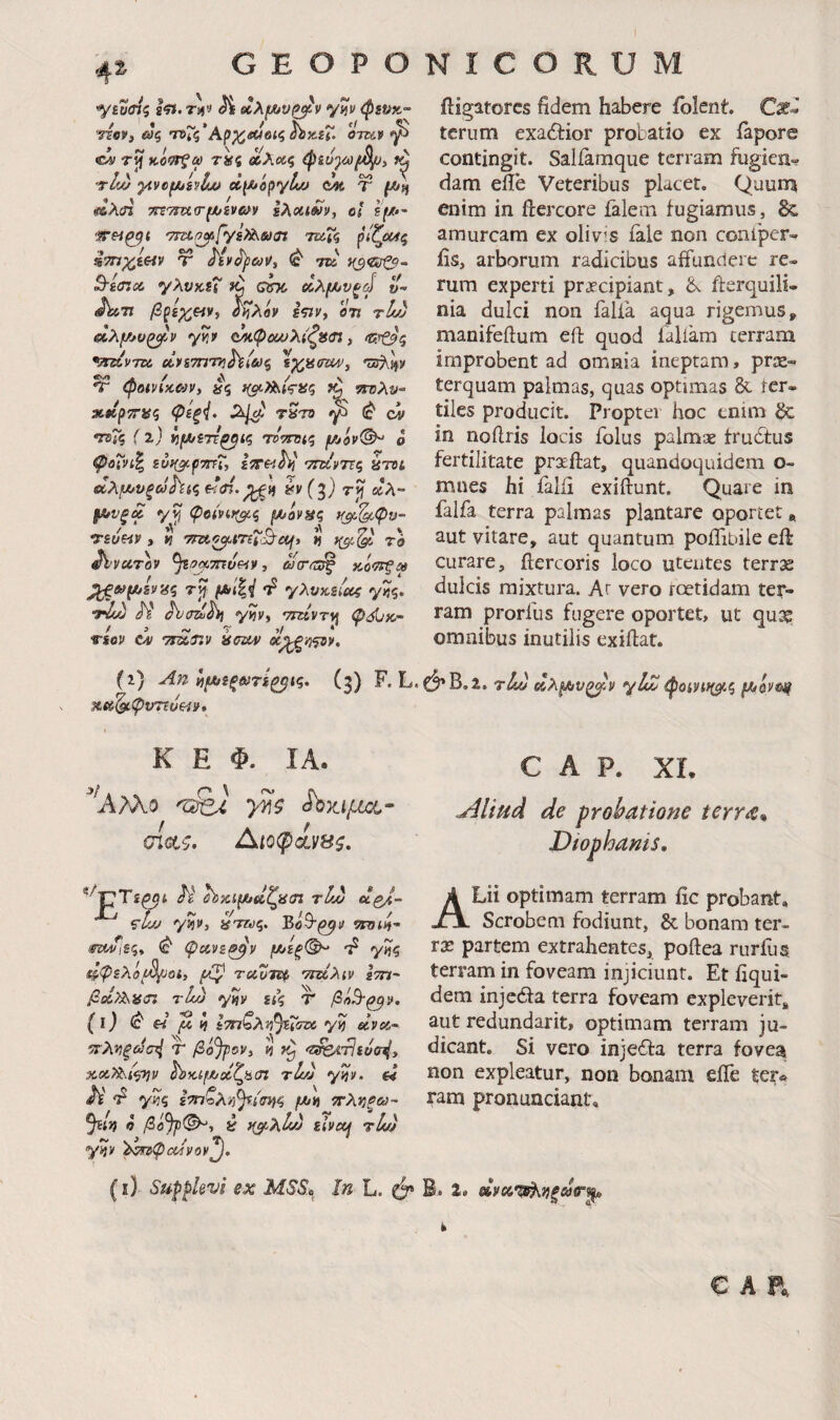 4* «yiacn? I-T*. Tifv ^ »λ(Λυ^ν y^v φενκ- vrov, β»ς 'Γθ~ς*Αρ)^Μοις^κ.ίΤ· otuv κόι^ω Τ8ς Μλχζ (biuy/ofJ^^ ^ ri«/ yivcf/ijivuju cc\J^cpyUo 7“ #ίλ£Τί ^'7m<r(//iva>y ol ΐ^·~ 'SFSi^t 'Tm.i^fys^etxn τκίς ρίζο^^ς T tus' ;(9«;0- B-emcc γλνκίΤ chc clXf/jv^J v- AsTI βρίχ,^ί ύ^λόν 071 tIuj οΐλ/ι/^νζ^ν y^v ΰΑίψούυλίζίίίη, ίσ,τζ^ς vrdvTu οίνίτηπί^ιωξ Χχ,ασίΜ^ 'ϊζ^ψ Μ / ^ / y. *Γ φοίνικαν, ϋζ >(5ιtΛ^t^^ίς οτολυ- χοίρτηις φίξ{* tQto ^ ci “τεΓξ ί 2^ κ(^ζ7τ^ΐζ TVTPstq f/jov®^ ο φοΐνίζ ivfi^pmT, ίΤ«^ν τηζντΐς ύτοί ίίλμ/νξα^ίζ ΐ<(ή. h(^) rij αλ- <y^ φοίνίκ^ζ fjuovmq χ^^φν- ιτευξ^ν , « Tmo^inTB-uji tt το JivciTov ^/vjKTTiveiy, οίσ-ίΖ^ κό^πξα rjj μιί%{ 4 yXvKiicos <y«5. TWJ JV JV/ Λ yJjv, WvTM OdjK^ f 9 ^ r >/ 4* ^ iligatorcs fidem habere iblent. tcrum exadlior probatio ex fapore contingit. Saliamque terram fugien, dam efle Veteribus placet. Quumj enim in fiercore falem fugiamus, 8c amurcam ex olivas iale non confper- iis, arborum radicibus affundere re¬ rum experti praecipiant, fterquili- nia dulci non falla aqua rigemus, manifeftum efb quod laliam terram improbent ad omnia ineptam, prae¬ terquam palmas, quas optimas & ter- tiles producit. Propter hoc cnim & in nofiris locis folus palmae frudtus fertilitate pr^ftat, quandoquidem o- mues hi falfi exiftunt. Quare in falfa terra palmas plantare oportet, aut vitare, aut quantum poiTibile efi: curare, ftercoris loco utentes terrae dulcis mixtura. Ar vero roetidam ter¬ ram prorfus fugere oportet, ut qut? omnibus inutilis exiftar. TiOV CAI ΤΤΖ&Τ.ν aciiv 00^ξ/1?0». (i) An ΐήμίίξατΐζ^ίξ. (j) tLu (κλ^νξβν yltZ φοίνί^^.ζ ^ovoif Άίί^φντίυεα^· K E Φ. IA. c A P. XI. AM.0 'SiQi y^S libjcijtMt- ^liud de probatione terra» Gi€t^. Αιοφανβζ. Diofhanis. «/ ΊρΤί^βί Λ' ΰϊκι^οί^Ηΐη tLm ci^J- ζ’ΰυ yv^v, iS'Taq» Βύ9·^ι/ iTOiii- imviSq <c‘ ψανε^ν μ/ίξ(^ τ? y^q ^.φελόβ^οι, tuZtip τηκλιν s7n~ τίν) y^v iiq Τ βη^^ν, (ι) ^ Η ^ ΐί Ι7πζλτ^^7(^ yi) «ί'ίί- ^λνίξάστ{ τ βόθρον, h χκ,7ί\ιςην ^>κί{Λ/χζ^ϋατ riu) y^v. €4 Ιί 7^ yviq fjut) ττλ'ήξω·' JtU ο βό^ρ(^, ϊ i{cf.xL·) iivxf rlw y^v 'ί^φοοίνον^. ALii optimam terram fic probant. Scrobem fodiunt, & bonam ter- vx partem extrahentes, poilea rurfus terram in foveam injiciunt. Et fiqui- dem injeda terra foveam expleverit, aut redundarit, optimam terram ju¬ dicant. Si vero injeifa terra fovea non expleatur, non bonam efle ter* ram pronunciant. (i) Supplevi ex MSS,^ In L. cj» B,. 2. @Ινχ·Ζί^7}ξάα·^ k