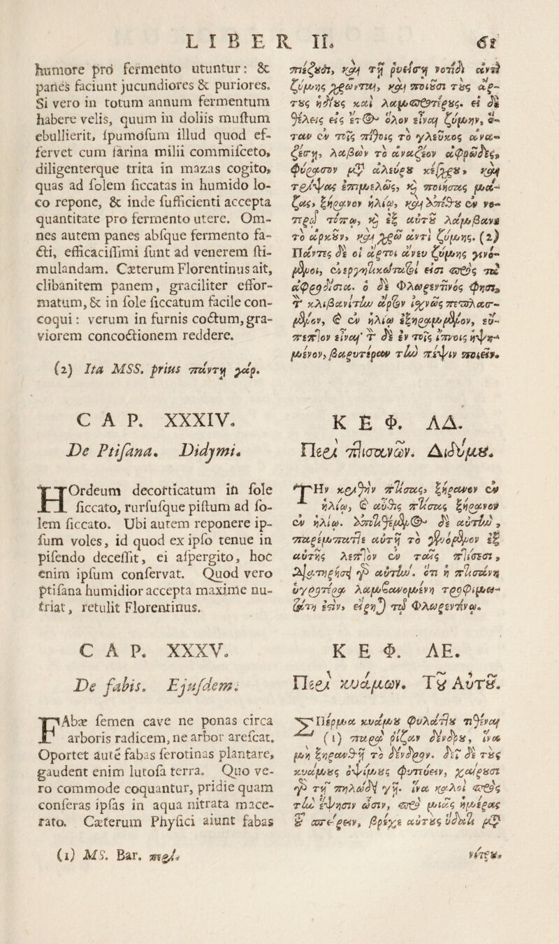 LIBER. IL humore pro fermento utuntur: paries faciant jucundiores & puriores. Si vero in totum annum fermentum habere velis, quum in doliis muftum ebullierit, ipumofum illud quod ef¬ fervet cum farina milii commifceto, diligenterque trita in mazas cogito, quas ad folem ficcatas in humido lo¬ co repone, & inde fufficienti accepta quantitate pro fermento utere. Om¬ nes autem panes abfque fermento fa- dii, efficacilTimi funt ad venerem ili- mulandam. C:£terum Florentinus ait, clibanitem panem, graciliter effor- matum,6c in fole ficcatum facile con¬ coqui : verum in furnis codlum, gra¬ viorem concodlionem reddere. (2) Ita MSS. prius Tmyrp ζ / ^ ^ X >/ vfjijric, τίίς %λ\ λχ^<Σ:^Οτΐξΐ!ς. « Ηζ ολον ilvojf α- TUP CA> τνΤζ το γλενζος izvc6^ ζεσ·^^ λοίβαν το οίνβίζίον (ρν^(π>ν ΰλεόξίε κ·Ε^8, τζ/’^αα ετπμίελωζ) τη^^στζς ρ»- ζοίίί ίιλιω, y^jf e4> ye- 7ΐξ(! TDTira, ί| otwrS λοίίΛβα,νί Το clpzhVt yj^ οίντί ζυ(//7]ς. (2) ΤΙχΡ'ης ^ε ο i ^ξτνί χνεν ^βί, eim ^ζΰ^ς W κψ^^Ισια. ο ^ε Φλ&ξενϋνος Τ' ζλιβοίνΙτίαι up%v l%vSc,7n'7!iKtx.<r- Α' oy, ^ ci ν^λίω i^ij^fZ/fdi^ov, sii- STisflov είνοοι' τ ^ε εν τ»Γζ /Woi? (Λενον}βαξυτερα>ν tIw ^,ίψίν viOiHf· C Α Ρ. XXXIV, De Ptifana, Oidjmi, HOrdeum decorticatum in ible iiccato, rurfufque piilum ad fo¬ lem ficcato. Ubi aurem reponere ip- fura voles, id quod ex ipfo tenue in pifendo deceifit, ei afpergito, hoc enim ipfum confervat. Quod vero ptifana humidior accepta maxime nu- iriat, retulit Florentinus. K E Φ. ΛΔ. riiCA TiiimySy. KC/J^v ττΤίσζζζ» \ίίξα4/ον ο» ν,λίω, οίυ^ζ ττΚσζΛ^ ^^ζ»νο9 ον ίιλίω. ctoTh/j, ΤΓΆξίίΛΤΓΚ'τΐε αΰτ^ το ^jof^ov αΰτκς λίίτίον ον το^ίς ττΙίΰΈσι, ciVTLfJ. ΟΤΙ κ yrTicrdvTi υγ^τΐζ^ λόίμ>ζα/νο^β^ενη τ^ψί^α- ^rrj 853V, «^»7^ toJ* Φ?ι^ξεν’ήνω, C Α Ρ. XXXV, Κ Ε Φ. ΛΕ. Oe fabis. Πίζΐλ >ωίμ.ων, Τ5 AvtS, FAbae femen cave ne ponas circa arboris radicem, ne arbor arefcat. Oportet aut e fabas ferotinas plantare, gaudent enim lutofa terra. Qito ve¬ ro commode coquantur, pridie quam conferas ipias in aqua nitrata mace¬ rato. Cieterum Phyiici aiunt fabas '^Πίρμιοί, zvxf/^is ψυλοίτΐίί Tijivxf (i) Ttv.^ ρίζχν AVJ);5i, <vi* μιΐί To ΛΓ ^ε τ^ς xvujUy8(; οφφί/ίίς (pvTTveiv, χοΰξ^ΰΐ rtf~ 7Γ>]λ&)ι^Ι γρ· ίνχ }(χλοΙ τΐυ, £ψ>}σϊν ώσιν, «jfi? νί^Λξίχς ^ οΰτ^ξΗν^ χντ'έ<3 (ι) MS. Bar. νντξϋ^