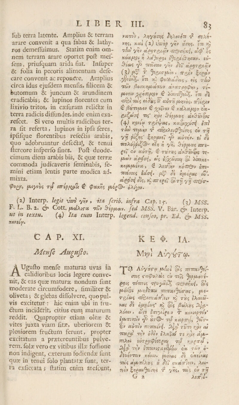 fub terra latente. Amplius & terram arare convenit a qua fabas & latliy- ros demeiTuimus. Statim enim om¬ nem terram arare oportet poft mel- iem, priufquam arida fiat. Infuper &; folia in pecoris alimentum defe- care convenit ac reponere. Amplius circa idus ejufdem meniis> filicem & butomum juncum ‘6c arundinem eradicabis j & lupinos florentes cum lixivio tritos> in casfuram relidas in terra radicis diffundes, inde enim exa- refcet. Si vero multis radicibus ter¬ ra fit referta, lupinos in ipfa feres, ipfifque florentibus refedis arabis, quo adobruantur deiedaf, & tenui ilercore iniperfo fines. Pofl: duode¬ cimum diem arabis bis, 8c quae terree commoda judicaveris feminabis, fe¬ mini etiam lentis parte modica ad¬ mixta. 8? voiToi/, AjjyacTj?* ^λονόν ^ οτλ>ί- VJJ?, ΧΰίΙ (l) lkr£p yyjv Z(n)C,. £72 ^ niw yviv χυοί^ί vi λοί^^ί ζ^ζ/!(Βη(ηχ4>. sw- 3'ίΜζ '/tlXffZiV Ύ'ήν ct^TQ/,κν £71 7^ (^vyisdhxc, , «ς -i-Luj 'ΤΖύν βοοχτιμιΆταν αΐνιχτρηψίιν, r/- fAvsiv ^ '^-ίΎ^ζάξ^. %η 7ϊ>2ς «ίίίίζ S civTis f/jijvog} ttisq/iv ^ βατομιύν (Β ^ύΤί/ον (c' (ώ<- β/'-ζ<»Η Β-ερ(Α,8ς olvB-Sv^ (4) reJ-^oc^y κα'^χ^ύσ^ •vl/jj 'ivpxjtijv <ζ^4λαφ^ίσ7^ζ ον τί| yji αυτιών, ii Js ^λυρρίζ@^ €iy] y) yi, ^ίρ^^αζ icerg- ξζ7 cv α,υτγ, ^ τ'ίίτίές 7e- f/iojv &ις Ιβχ,ωαν^ ^ xcfAf/jivix, (i λε^ΐίίν Im- ’ητ(.ατ>ίζ ida^. ^^εξοίς ίζ', \ p / ~ / ^ αττεξεΐ y^ (ZDif/tr- i^o^, fjiyvuq τά ωτερι^ίΛ <c φακκζ ολιρν. ' (i) Interp. legit -Jsjo yh > itit ferib. infra Cap.if. MSS, K» Ii. B. 2. Cott. f/JCiXi^cc τΐύΜ ^ερ^^&ιν· f^d ^'ISS, V, Bar, Interp. ut in textu, (4) Ita cum Interp. hgend. cenjeo, p\ ^ mss, x-^vaco. C A P. XL Jkiet/β Ά Ugufto menfe maturas uvas ia jTjl calidioribus locis legere conve- nit, 6c eas quae maturi^ nondum funt moderate circumfodere, fimiliter Sc oliveta 5 & glebas diifolvere, quo pul¬ vis excitetur : hic enim ubi in fru¬ dum inciderit, citius eum_ maturum reddit. Quapropter etiam oleae & vites juxta viam fitx, uberiorem 6c pleniorem frudum ferunt, propter excitatum a pr;rtereuntibus pulve¬ rem. folae vero ex vitibus illa; foifione non indigent, casterum fodiendae funt quae in tenui folo plantatae funt, ter¬ ta exficcata 5 flatim enim atefcuntj K E Φ. IA. Αυγ^τ'ω. A'jysii'^ ju>/di TTiTmy^i- t^cx^uKdc, dv τϊΓς ^ί-ρμ/οτε- Ι^ις TVTFOic, 'revyddJ^ μεν^ι μι-ή^τΐΐύ τπ’ττζίν^Ισ'οίς, ρε- τς/,^^ *^^<σχΰ&ι^είν τ8ς Ιλα4ω- νας ^ε όμβίωζ’ ^'ζ βαλίίζ λυϋν > ίίΐ'ρΈ εττεγ-ίξειν Τ χονίορτον spTTiffdv ύτ(^ ττβ xc&pTrd, αυτυν mTmivi. tSto di %Aocicu rg «je/i- τηλοΐ ευτρ^ψε^ξεμ rd χ^ξτΐ^, ^1^- 'dv ετΐζινιςαίΒβίο) d% rdv ό- JVviVTOy xoviv. ^jovoi M (ynilvct^ 'rtlc, df/jT^Xs/i y iVr oTcetV/ey, λο<- yHq, τίίζ <d>