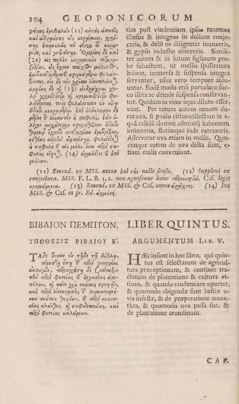 j-Vcra:? sf/Jβuλcίv (11) αΰτύζ Xul οΐ^ραν^ϋζ Β*ζ KS^f^tOV, x^J,- % «i ~ ^ ί^Γ (Τ^ζ £?npSA*’5 ·7» « »e^- foti?, κ«ί ^ψώίίΓ^ς. *Oys^ia% kccI {l i) «5 'OTiAcV }CS(^fA*tKQV 7t^^- ff^ov, Λς 'τηέχ/^ /Λελίτ*^, cc(^,κξΐ^ωβ{)ο(. φνλοίτ- ^PTTij, «ς (^ε 77?V ^'■OTTsAyvE^. c^<»5 i^£ (15) dv^(^xvm Z^~ AiJ ;ι^5/»ο9·£ν^ xpsf/jicS'£P^ φν- λαίτίίτζί^. 7ΐν£ζ φυλχόζ-^ίΠ» C4> οίνω υ^ϊί κ,ίκζ^'^^ψ· Ιτη όλοκλτί^^ν /ίφβ Τ (yjidcurov η ζταφνλ^» ioiv 0- λί^βν ru^^yrt^v 7ξυγΚι^ΧατΜ ^ρΐΛί^ %χ^^% <?v7r\nQ/ci4f i(Αί!οpicetis ξό^εως αύτΐυ) κρτηίτ^^* ψυλοίτίε^ Η ψί^^φνλΐ) ^ (Μζ (Αίλί. οσχ «fii- φυληζ (14) (»ρμ/ότί^ί βτη tim ροίΐ vindemiam ipioa racemo^ illaefos 8c integros in dolium conje« ceris, & dolii os diligenter inunxeris, gc gypfo indudlo obleveris. Similw terautem 2c in lutum figlinum pro¬ be fubadiim, ut mellis fpiiTitatem habeat, immerfa & fufpenia integra fervantur, ufus vero tempore ablu¬ untur. Eodemodo etia portulacae fuc- co illita ac deinde fuipenfa confervan- tur. Quidam in vino aqua diluto aifer·? vant. Per totum autem annum du¬ rat uva, fi paulo citiuscollediam in a=. qua calida alumen admixtu habentens intinxeris, ilatimque inde extraxeris, Afiervatur uva etiam in meile. Quae¬ cunque autem de uva di6ta iunt, e·» tiam malis conveniunt. (if) Imend. ex MSS. mtea 271^ τύς nullo fenfu. (12) Supplevi (onjeBura. MSS. F. L, B. 1,2. non ugmfcunt hanc ^ζ^β^ΜΤξΙω. Caf. legk 3tpiU»i/j!A£Vfii· (i?) ^mend» ex MSS. Cii» antea (Λζ^χ,ννίζ, (\^) Itf§, MSS, ^ Caf in pr. Ed. dpiMoir^. LIBER QUINTUS. BIBAION ΠΕΜΠΤΟΝ. ΪΠΟΘΕΧΙΣ ΒΙΒΛΙΟΪ E· *~VAh ifs^f cv rif βίβλ^ί JL t o’^ «v5'o\‘ / 7nf//7rlp a<r^ τ ·μωρ^ί(κ^ c^Ao^v, C,iWTU%iV φνπίύίζ <c' Ιργχ^οίζ ufAf^ τηλίΰν, jq WTT^y τζύοτας τρνγχν, χα,Ι ^^τ^ττίίζ Ψ XvybcMyc^ik' νων ’τζίυτκς έ' 'Ζ^ cnciva,- ΰίαζ οίνοίν^ς, ςΌίφι^τηι'ί'αζ^ »«* ψυτϊίΰίζ καλίΖ/Α^ν, I ARGUMENTUM Lib. V. HiEc infunt in hoc libro, qui quin¬ tus eft feledarum de agricuR tura praeceptionum, continet tra« dlatum de plantatione Sc cultura vi¬ tium, & quando vindemiare oportet, Sc quomodo abigendie funt beilix u- vis infeil:^, 8c de praeparatione oenan¬ thes, 6c quomodo uva paiTa fiat, ^ de plantatione arundinum. CAF.