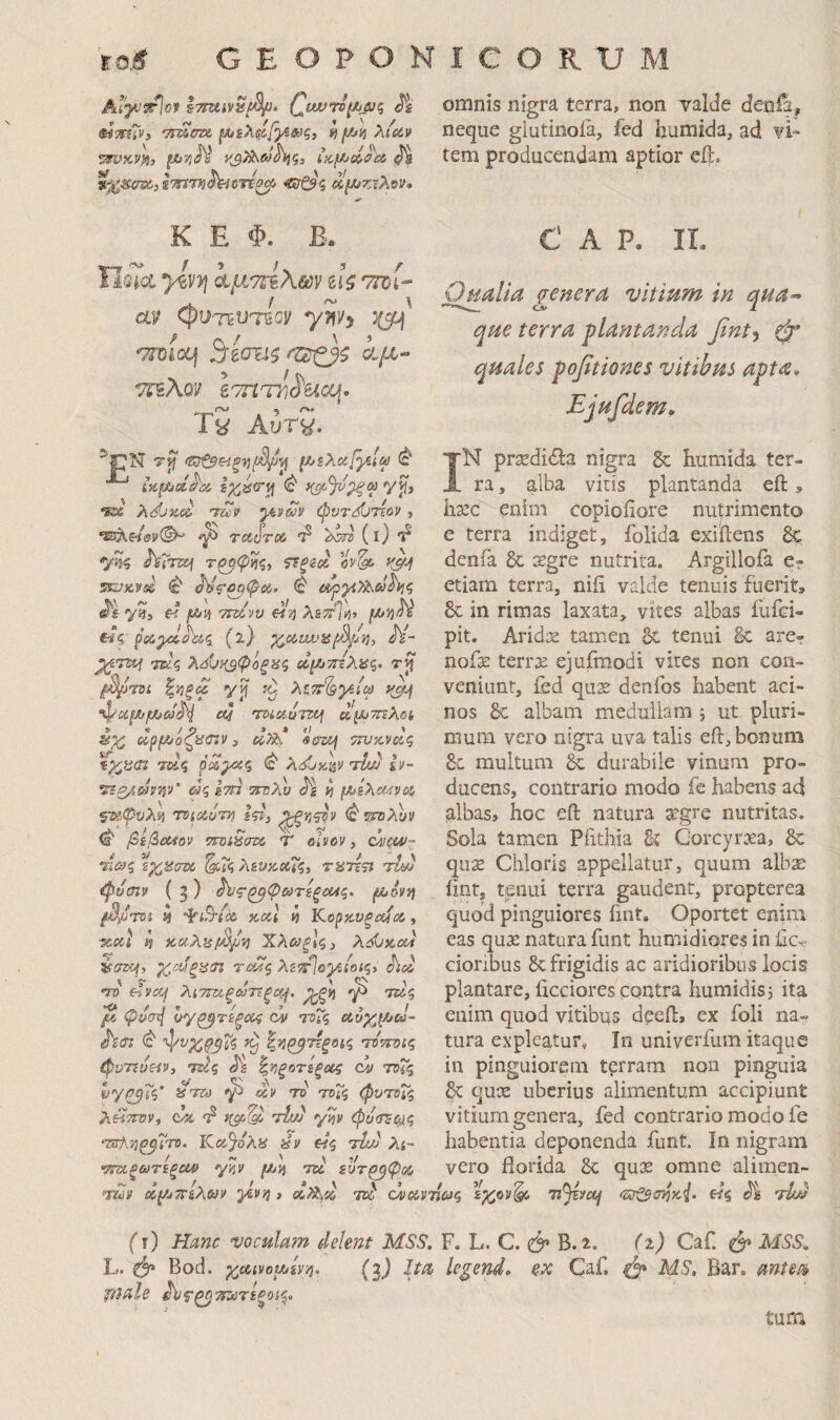 Αίγ-^τίοί Qtwri^&xi τπ^σζϋ ^sX^ilyi&jgt «f/jij λί'ΰίν ^κνρί, fi/JiiV >i$^iy^}?3 «έτ^'ς αμ»ζϊλϋν» omnis nigra terra, non vaWe denfa, neque glutinoia, fed humida, ad ?i» tem producendam aptior eil, K E Φ. B. IIsicL yiyyi &.μ.7άλύΰ\’ ίΐζ ττΰί- αν φυττ^υτεον yT^Vy ‘THiloLj Βίοτ^ζ/ζ^ζ ΤίΈλον ΙτΠΊΊΐ^ΗΟί^· Αυτ^. Ν fZ>sXuf^ia ^ ιαί^οί^'ΰί Ιγβ(τι^ ^ V^> W λ^ϋϋΐζ 'mv yi^Sv φντόϋτΈον , *ss^ei(iv(^ rcijrifi (ι) A^nstf STfieii 0^^ vso}cvs& ^ ^ Μ ΎΗί « /^li Τΐΐένυ €4η λ57Γ%> €·#?■ (2) ^ίίΙΜ.’ τας λόί>Κ9ψόξϋζ ^^τιτλαζ. ^^rot %ηξα yi} XtTF^yiita ί(^Ι ’^!ϋ^μ^ω^4 0^ Ίτίαυττη οίρμ/άζϋΰΐν, ct^* «σζ^ ττνκ,ν^ζ m? ρ^^οίζ λόίϊκΙν Άμ iv- cJg Β7Τ7 5ΓΠλϋ Jg Ji fJiisXcf.4V0i ξ-χψυλη τοιοίά’τη Ι$ϊ, ^ ^λϋΐ» d' βίβΰΜον TniiStm, Τ οίνον, ονζϋ/- rtc^q ζρ(^^σζο ^ΐςλίνκαΤζ} ταττ^η Άφ φόσιν ( 3) ^νς^φωτίξίΧΑζ, ^ovti ^ ψίΒ-ίύί κ,ΰίΐ » ΚορΆνξί4ΰί., ■sioi-i ^ καλϋ^^'ή ΧλίύξΙς^ λόίΐΗ.ΰ(4 ^c/zq, ^,/'-ί'ΐξίίη τ£Μς λδτίο^ί/οίζ, Λ» •ϊΌ Hvcq λίτηίξ&ΐ'ηξ!/^. γ Ίζίζ fx, φυοτί υ'γζβΤ2ξας cv ttjjs Λυχ^ξΖ/ω- h<n ^ ^ |35^τ?^3ίζ τντΓοις φντΐυίίν, τάς <^s %Υιξοτίξ(ΐς c5/ ^ ^ ^ _^ ^ ι^7^£ζ Si7?y γ οζ,ν το τοίζ ψνΎΟίζ λΗτηιν^ CM ^ 'ihj) yi?v φυσΈί^ς ‘Tsfiij^Trt). Κώί^'λ» iiV &ίζ tL·) λί- •^ξωτίξύίο yjjv [/jvi ττο ευτ^ψο^ mv Λ\ZJ7ΐίλwv yivv}, dxt,sc τα' eia C‘ A P, IL Opalia genera, vitium in qua^ que terra plantanda βηΐ-^ φ quales pofitiones vitibus apta, Ejufdem, IN pr^didia nigra 8c humida ter¬ ra , alba vilis plantanda eft, hsce enim copiofiore nutrimento e terra indiget, folida exiilens & denfa 6c segre nutrita. Argillofa e? etiam terra, niii valde tenuis fuerit, 8c in rimas laxata, vites albas fufei- pit. Aridx tamen 6c tenui Ec are? nofas terras ejuimodi vites non con¬ veniunt, fed quse denfos habent aci¬ nos &c albam medullam; ut pluri¬ mum vero nigra uva talis eft, bonum 6c multum & durabile vinum pro¬ ducens, contrario modo ie habens ad albas, hoc eft natura itgre nutritas. Sola tamen Pftthia St Corcyraea, & qu·^ Chloris appellatur, quum albs) lint, tenui terra gaudent, propterea quod pinguiores ftnt. Oportet enim eas qux natura funt humidiores in cioribus 8t frigidis ac aridioribus locis plantare, iicciores contra humidisj ita enim quod vitibus deeft, ex foli na¬ tura expleatur, In univerfum itaque in pinguiorem terram nqn pinguia ξζ quas uberius alimentum accipiunt vitium genera, fed contrario modo fe habentia deponenda funt. In nigram vero florida & quae omne alimen- 76ΐς spf^ov^ Tt^voj <ζΰζ$σηκ{<. «ς tIvJ (r) Hanc 'voculam delent MSS. F, L. C. B. 2. (ί) Caf. cJr» MSS, L. ^ Bod. χ^Λίνοιζ,ενή, {'^) Jm legend, ex Caf. ^ MS, Bar. tnale tum