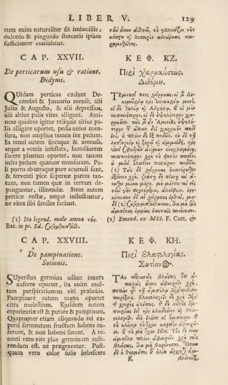 ram enim naturaliter fit imbecillis, dulcedo & pinguedo ftercoris ipiam fuificienter confolatur. C A P. XXVIL De ferticarpim upi ratlont^ Bidjmk Quidam perticas caedunt De- ^cembri 8c Januario menfe, alii Julio & AuguftOj &; alii deprefliui, alii altius palis vites alligant. Ami- neas quidem igitur reliquis altius pa¬ lis alligare oportet, pedis unius men- fura, non amplius tamen fex pedum. In tenui autem ficcaque 8c arenoia, atque a ventis infeilata, humiliorem facere plantam oportet, non tamen infra pedum quatuor menfuram. Pa¬ li porro ab utraque pare acuendi funt, & ferventi pice fupernx partes tan¬ tum, non tamen qux in terram de¬ panguntur, illinendse. Stent autem pertiese redix, neque infledantur, ne vites fibi fimiles faciant. (i) Ita legend, male antea t»?. Bar. in pr, Ed. C A P. XXVIIL Oe fampinationei. Sotioms, CUperflua germina adhuc ienefa ^ auferre oportet, ita enim mul¬ tam perfpirationem viti praebebis. Pampinare autem manu oportet citra molefiiam. Ejuiclem autem experientis efl: 8c putare & pampinare. Quapropter etiam aliquando rei ex¬ perti farraentum fru6ium habens au¬ ferunt, & non habens finunt. A re¬ centi vero vite plus germinum aufe¬ rendum eft, ne prsgravetur. Poft- ^uam ver© calor fglis hebefeere tIm iffii/ii to γλνκκζον τ?? Χ,όιΤΓξϋ ίζ λίΤΐΖίξαν Κ E Φ. ΚΖ. χοί^χούσιωζ^ Αώυμβ, *ΎΈμ*νϋ(Α ηνΐζ p. Δί- }ίί{Αί^β4ω ΙοίναοίβΑω ϋΐ ‘ΐαλ/ψ Atlyafοί TOijrwvoTi^j', ο< ν'ψ}]λ07Έα^ν χοί- ^xSen· τνίς Ρύν ϋψιιλί- vroii svl, 8 'γαλέον \\ ττυΜΐν* ον Μ Tjf XiT^oyiw ^ •dsxO Qpo^cjv 'dvi^uv TKzrfivoTE^v To φντίν ii f/jld ίλχτίον τιά^οίξ^ν 5jrcJ)yi». (i) Τχς Λ' ΐκοίτεξίϋ^ξν οζννε^ν ζεΐί<^ρ οε τπαχ^ tu <56- ygrj^y yjovu μιεντνί tu τάο yt}v Thjyi/ef^iUi άλεΙψαν· IfJj- χίττύχηΜ Λ' 04 ορΒ'ΰί)> JV IvufMi »μ/7Γξλ8ς of^icx^ icu/ruTi ^<«£?w<nvc (t) Emenda ex MSS, F* Cott. φ K E Φ. KH, tleex ^KeLqoKoyidL *Ζ^<03'Λζ βλοίψΖί,ζ ίτ» U- •παλοίζ deru^ ΰφοοξ^ν * ^ rji α(Μ7τίλα) <7τηξί^^^>ζ· βλΛ<^λο’)Μν ■^ί^· α,λο’Μΰζ· ^8 ούτΥϊ^ 9reig/{«i y^ xhcboive^v β>.ο~ •SnXoytTv· Λο ενίοτε ot ^ TO κλ?^/ TO Kupdov ίη> ^ TO fhri ^ίχ^ον id/n, T»? ^ε νέας 'sfAioy tu^ βλο,ψα,ζί Ivcc βοοξόννί'ψ^· Λ' « B-epf/t/oTfii W ^λίίβ dp%%J »>- Κ /·