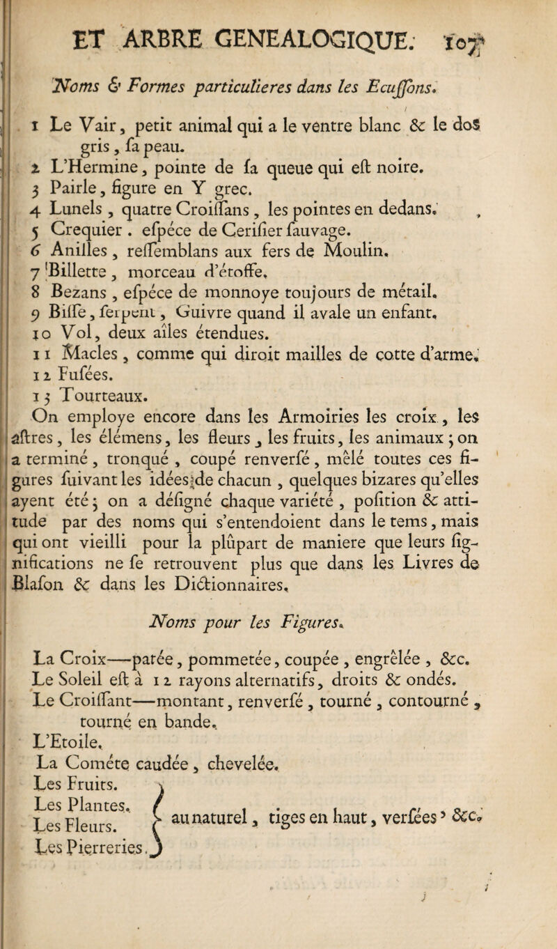 ET ARBRE GENEALOGIQUE. ïof Noms 6' Formes particulières dans les Ecujfons. v / i Le Vair, petit animal qui a le ventre blanc 3c le doS gris, fa peau. t L’Hermine, pointe de fa queue qui eft noire. I 3 Pairie, figure en Y grec. 4 Lunels , quatre Croiffans, les pointes en dedans. 5 Crequier . efpéce de Cerifier fauvage. 6 Anilles , reflemblans aux fers de Moulin, y 'Billette , morceau d’étoffe, 8 Bezans , efpéce de monnoye toujours de métail, 9 Biffe, ferpeni, Guivre quand il avale un enfant, jo Vol, deux ailes étendues. 11 Macles , comme qui diroit mailles de cotte d’arme, 11 Fufées. 13 Tourteaux. On employé encore dans les Armoiries les croix ., les âftres , les élémens, les fleurs les fruits, les animaux ; on a terminé, tronqué , coupé renverfé, mêlé toutes ces fi¬ gures fuivant les idées^de chacun , quelques bizares qu’elles ayent été • on a défigné chaque variété , pofition 3c atti¬ tude par des noms qui s’entendoient dans le tems, mais qui ont vieilli pour la plupart de maniéré que leurs fig- nifications ne fe retrouvent plus que dans, les Livres de Blafon 3c dans les Diétionnaires, Noms pour les Figures, La Croix—parée, pommetée, coupée , engrêlée , 3cc. Le Soleil eft à 12 rayons alternatifs, droits 3c ondés. Le Croiffant—montant, renverfé , tourné , contourné 9 tourné en bande. L’Etoile, La Comète caudée 5 chevelée. Les Fruits. \ Les Fletirs65* { au naturel a tiges en haut, verfées5 8cc* Les Pierreries,3