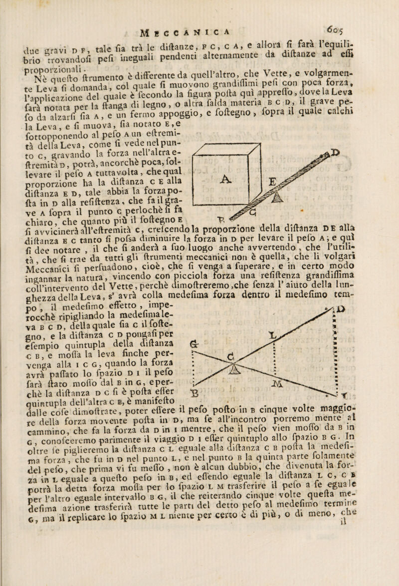 Meccanica due ii’-avi d f, tale fia tra le diftanze, f c, c a, e allora fi farà l’equili¬ brio trqvandofi Pefi ineguali pendenti alternamente da d.ftanze ad effi P r Nè'qarefto * finimento è differente da quell’altro, che Vette, e volgarmen¬ te Leva fi domanda, col quale fi muovono grandmimi pefi con poca forza, Paordinazione del quale è fecondo la figura polla qui appreffo, dove la Leva farà notata per la ftanga di legno, o altra falda materia b c d, il giave pe- fo da Larfi fia a, e un fermo appoggio, e foltegno , fopra il quale calchi la Leva, e fi muova, fia notato e,e fottopponendo al pelo a un ellremi- tà della Leva, come fi vede nel pun¬ to c, gravando la forza nell altra e- ftremitàd , potrà, ancorché poca, fol¬ levare il pelo a tutta volta, che qual proporzione ha la difianza c E alla difianza e d, tale abbia la impo¬ rta in d alla refiftenza, che fa il gra¬ ve a fopra il punto cjserlochefi fa chiaro, che quanto più il foftegnoE ^ , „ ,4/l _ _ fi avvicinerà all’eftremità c, credendola proporzione della difianza DE alla difianza e c tanto fi pofsa diminuire la forza in d per levare il pelò a; e qui {\ dee notare , il che fi anderà a fuo luogo anche avvertendo , che futili* tà che fi trae' da tutti gii finimenti meccanici non è quella, che li volgari Meccanici fi perfuadono, cioè, che fi venga a fuperare, e in certo modo ingannar la natura, vincendo con picciola forza una refiftenza grandiflìma coll’intervento del Vette, perchè dimoftreremo,che fenza i’ aiuto della lun¬ ghezza della Leva, s’ avrà colla medefima forza dentro il medefimo tem¬ po , il medefimo effetto , impe¬ rocché ripigliando la medefima le¬ va b c d, della quale fia c il fofte¬ gno , e la difianza c d pongafiper efempio quintupla della difianza c b , e moda la leva finche per¬ venga alla 1 c g, quando la forza avrà pallate lo fpazio d i il pefo farà fiato modo dal b in G, e per¬ chè la difianza d c fi è porta efier Quintupla dell’altra c b, è manifefto - . , . . dalle cofe dimofirate, poter edere il pefo porto in b cinque volte maggio¬ re della forza movente polla in D, ma fe all’incontro porremo mente al cammino, che fa la forza da d in i mentre, che il pelo vien modo da b m G , conofceremo parimente il viaggio d 1 efier quintuplo alio ipazio b g . Jn oltre fe piglieremo la difianza c l eguale alla difianza c b polla la medeii- ma forza , che fu in d nel punto L, e nel punto b la quinta parte lolamente del pefo, che prima vi fu meffo , non è alcun dubbio, che divenuta la for¬ za in l eguale a quefio pelo in b, ed effendo eguale la difianza L c, c * potrà la detta forza moda per lo fpazio l m trasferire il pefo a le eguale per l’altro eguale intervallo b g, il che reiterando cinque volte quella me¬ defima azione trasferirà tutte le parti del detto pefo al medefimo termine G ma il replicare lo fpazio m l mente per certo è di piu, o di meno, cu-