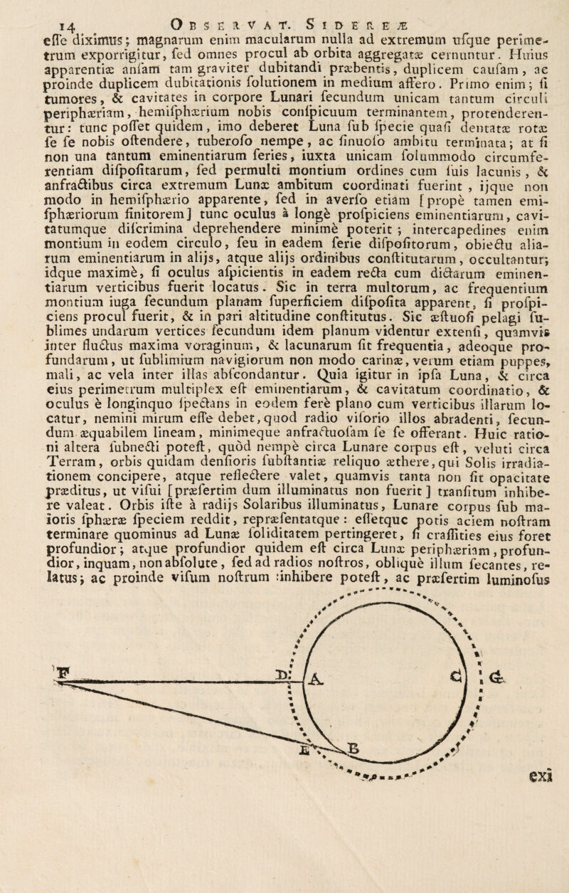 effe diximus; magnarum enim macuìarum nulla ad extremurn ufque perime- trum exporrigitur, fed omnes procul ab orbita aggregata cernuntur. Huius apparentile anfani tam gravitar dubitando prxbentis, duplicem caufam , ae proinde duplicem dubitationis folutionem in medium afferò. Primo enim; fi tumores, & cavitates in corpore Lunari fecundum unicam tantum circuii periphxriam, hemifphxrium nobis confpicuum terminantem, protenderen- tur: tunc poffet quidem, imo deberet Luna fub fpecie quali dentata rotx fé fe nobis offendere, tuberofo nempe, ac ffnuofo ambitu terminata; at fi non una tantum eminentiarum feries, iuxta unicam folummodo circumfe- rentiam difpofitarum, fed permulti montium ordines cimi fuis lacunis, ài anfra&ibus circa extremurn Lunx ambitum coordinati fuerint , ijque non modo in hemifphxrio apparente, fed in averfo edam [propè tamen emi- fphxriorum finitorem] tunc oculus à longè profpiciens eminentiarum, cavi- tatumque difcrimina deprehendere minimè poterit ; intercapedines enim montium in eodem circuì©, feu in eadem ferie difpofitorum, obieólu alia- rum eminentiarum in alijs, atque alijs ordinibus conftitutarum, occuitantur; idque maximè, fi oculus afpicientis in eadem re&a cum di&arum eminen¬ tiarum verticibus fuerit locatus. Sic in terra multorum, ac frequentium montium iuga fecundum planam fuperficiem difpofita apparent, fi profpi¬ ciens procul fuerit, & in pari altitudine conffitutus. Sic x fino fi peiagi fu- blimes undarum vertices fecundum idem planum videntur extenfì, quamvifc inter fiudus maxima voraginum, & lacunarum fit frequenta, adeoque prò- fundarum, ut fublimium navigiorum non modo carinx, verum etiam puppes, mali, ac vela inter iìlas abfcondantur. Quia igitur in ipfa Luna, & circa eius perimetrum multiplex eff eminentiarum, & cavitatum coordinatio, & oculus è longinquo Ipedans in eodem ferè plano cum verticibus illarum lo- catur, nemini mirum effe debet, qaod radio vilorio illos abradenti, fecun¬ dum xquabilem Iineam, minimeque anfraduolam fe fe offerant. Huic ratio¬ ni altera lubnedi poteff, quòd nempè circa Lunare corpus eff, veluti circa Terram, orbis quidam denfioris fubftantix reliquo xthere,qui Solis irradia- tionem concipere, atque relledere valet, quamvis tanta non fit opacitate prxditus, ut vifui [prxfertim dum illuminatus non fuerit] tranfitum inhibe- re valeat. Orbis ifte à radijs Solaribus illuminatus, Lunare corpus fub ma- ìoris lphxrx fpeciem reddit, reprxfentatque : efiètquc potis aciem noftram terminare quominus ad Lunx foliditatem pertingeret, fi crafflties eius foret profundior; atque profundior quidem eff circa Lunx periphxriam , profun¬ dior, inquam, non abfolute, fedadradios noftros, oblique illuni fecantes,re- latus; ac proinde vifum noftrum tinhibere poteff, ac prxfertim iuminofus _<» * ■ « fi» _ <i exl