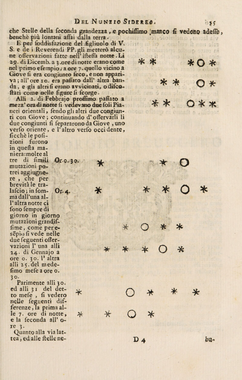 * _ » i . ! ' i * * O * ^ * O % 5K * ; V o Del Nunzio Sidereo, ’> H che Stelle della feconda grandezza , e pochiflimo è manco fi vedotio adeffb benché più lontani affai dalla terra. E per foddisfazione del figliuolo di V. S. e de i Reverendi PP.gli metterò alcu¬ ne offervazioni fatte neU’ifteflà notte.Li nel primo efempio; a ore 7. quello vicino a Giove fi era congiunto feco, e non appari¬ va ; all’ore io. era paffato dall’ altra ban-» da, e gli altri fi erano avvicinati, odifco- ftati come nelle figure fi fcorge. Alli 2. di Febbrajo profilino paffato a mezz’ ora di notte ff vedevano due foli Pia¬ neti orientali, fendo gli altri due congiun¬ ti con Giove; continuando d’offervarli li due congiunti fi fepararono da Giove , uno verfo oriente, e l’altro verfo occidente, ficchè le poli¬ ziotti furono in quella ma¬ ni era: molte al tre di fi miti Or.Q.39. mutazioni po¬ trei aggiugne- re , che per brevità le tra- lafcio ; in fom- Or« 4. madalfuna al- P altra notte ci fono fempre di giorno in giorno mutazioni grandjf- fime, come per e- sepio fi vede nelle due feguenti offer¬ vazioni V una alli 24. di Gennajo a ore o. 30. 1* altra alli 25.del mede- fimo mefeaoreo. 3°* Parimente alli 30. ed alli 31 del det¬ to mefe , fi vedero nelle feguenti dif¬ ferenze, la prima al¬ le 7. ore di notte, e la feconda ali’ o- le 3. Quanto alla via lat¬ tea, ed alle ftellene- * * * O * * ■ o * * * * * o * * o * -#■ o % *■ d4 bu*