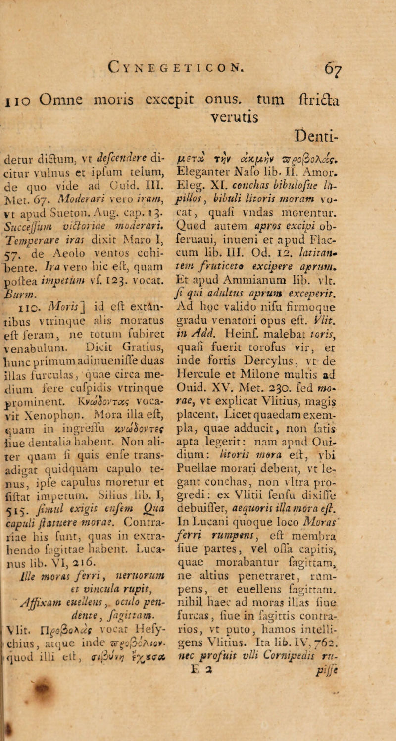 lio Omne moris excepit onus, tum ftri&a verutis Denti- detur di&um, vt dependere di¬ citur vulnus et i pium telum, de quo vide ad Guid. III. Met. 67. Moderari vero iram, vt apud Sueton. Aug. cap. J 3- Snccejjum victoriae moderari. Temperare iras dixit Maro I, 57. de Aeolo ventos cohi¬ bente. ha vero hic eft, quam poftea impetum vi* 123. vocat. Burrn. IIC. Moris] id eft exten¬ tibus vtrinque alis moratus eft ieram, ne totum fubiret venabulum. Dicit Gratius, luinc primum adinuenifle duas illas furculas, 'quae circa me¬ dium fere cufpidis vtrinque prominent. Kva^ovroti voca¬ vit Xenophon. Mora illa eft, t;uam in ingrelfu wuhovTSf liue dentalia habent. Non ali¬ ter quam ii quis enfe trans¬ adigat quidquam capulo te¬ nus, ipfe capulus moretur et ftftat impetum. Silius lib. I, 515. Jutiul exigit enfem Qpa capuli jiatnere morae. Contra¬ riae his funt, quas in extra¬ hendo Lgittae habent. Luca¬ nus lib. VI, 1\ 6. Ille moras ferri, neruorum et vincula rupit, Affixam eueUensoculo pen¬ dente, faginam. Vlit. n{o$Q*«f vocat Hefy- chius, atque inde zrgoficAiQV- quod illi eft, ft&vvq fvso-# /UgTX T>?V CCKfX JjV zrgofioKcU- Eleganter Nafo lib. II. Amor. Eleg. XL conchas bibulofue la¬ pillos , bibuli litoris moram vo¬ cat , quali vndas morentur. Quod autem apros excipi ob- feruaui, inueni et apud Flac¬ cum lib. III. Od. 12. latitan- tem fruticeto excipere aprum. Et apud Ammianum lib. vlt. fi qui adultus aprum exceperit. Ad hoc valido nifu hrmoque gradu venatori opus eft. Vlit. in Add. Heinf. malebat toris, quali fuerit torofus vir, et inde fortis Dercylus, vt de Hercule et Milone multis ad Ouid. XV. Met. 230. fed mo* rae, vt explicat Vlitius, magis placent. Licet quaedam exem¬ pla, quae adducit, non fatis apta legerit: nam apud Oui- dium: litoris mora eft, vbi Puellae morari debent, vt le¬ gant conchas, non vitra pro¬ gredi: ex Vlitii fenfu dixifie debuifler, aequoris illa mora cfi. In Lucani quoque loco Moras ferri rumpens, eft membra liue partes, vel olla capitis, quae morabantur fagittam, ne altius penetraret, rum¬ pens, et euellens fagittam. nihil haec ad moras illas liue furcas, liue in fagittis contra¬ rios, vt puto, hamos intelli- gens Vlitius. Ita lib. IV, ^62. nec profuit vili Cornipedis ru- E a pijfe