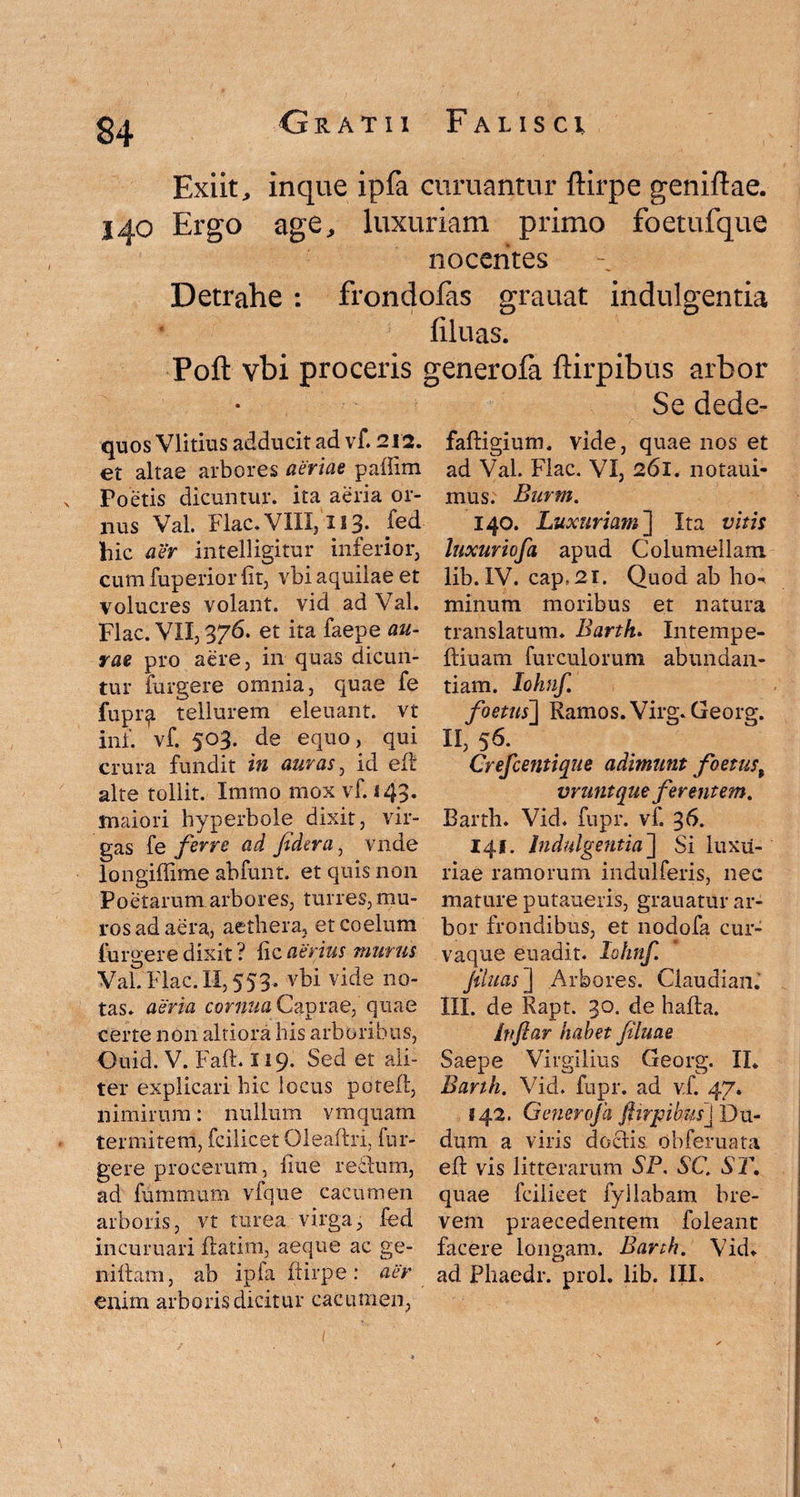 Exiit, inque ipla curuantur fhrpe geniftae. Ergo age, luxuriam primo foetufque nocentes Detrahe : frondofas grauat indulgentia filuas. Poft vbi proceris generofa ftirpibus arbor Se dede- quos Vlitius adducit ad vf. 212. et altae arbores aeriae paffim v Poetis dicuntur, ita aeria or¬ nus Val. Flac. VIII, I I3. fed hic aer intelligitur inferior, cum fuperior (it, vbi aquilae et volucres volant, vid ad Val. Flac. VIIj 376. et ita faepe au¬ rae pro aere, in quas dicun¬ tur furgere omnia, quae fe fupr^ tellurem eleuant. vt inf. vf. 503. de equo, qui crura fundit in auras, id efh alte tollit. Immo mox vf. 143. maiori hyperbole dixit, vir¬ gas fe ferre ad fidera, vnde longiflime abfunt. et quis non Poetarum arbores, turres, mu¬ ros ad aera, aethera, et coelum (urgere dixit ? fic aerius murus Val. Flac. II, 553. vbi vide no¬ tas. aeria cornua Caprae, quae certe non altiora his arboribus, Ouid. V. Faft. 119. Sed et ali¬ ter explicari hic locus poteft, nimirum: nullum vmquarn termitem, fcilicet Oleafhi, fur¬ gere procerum, liue retium, ad fummum vfque cacumen arboris, vt turea virga, fed incumari flatim, aeque ac ge- n-iftam, ab ipla ftirpe: aer enim arboris dicitur cacumen, 1 ' ' fafligium. vide, quae nos et ad Val. Flac. VI, 261. notaui- mus. Burm. 140. Luxuriam'] Ita vitis luxuriofa apud Columellam lib. IV. capf2i. Quod ab ho-< minum moribus et natura translatum. Barth. Intempe- ftiuam furculorum abundan¬ tiam. Iohnf. foetus] Ramos. Virg. Georg. II, 56. Crefcentique adimunt foetust vruntque ferentem. Barth. Vid. fupr. vf. 36. 141. Indulgentia] Si luxu¬ riae ramorum indulferis, nec mature putaueris, grauatur ar¬ bor frondibus, et nodofa cur¬ vaque euadit. Iohnf. fluas] Arbores. Claudiani III. de Rapt. 30. de hafla. ivfiar habet filuae Saepe Virgilius Georg. II* Barth. Vid. fupr. ad vf. 47. 142. Generofa fiirpibusj Du- dum a viris doclis Obferuata efl vis litterarum SP. SC. ST, quae fcilicet fyilabam bre¬ vem praecedentem foleant facere longam. Barth. Vid* ad Pliaedr. prol. lib. III.