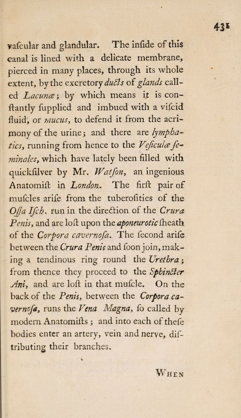 43* vafcular and glandular. The infide of this canal is lined with a delicate membrane, pierced in many places, through its whole extent, by the excretory dudls of glands call¬ ed Lacunae> by which means i.t is con- ftantly fupplied and imbued with a vifcid fluid, or mucus, to defend it from the acri¬ mony of the urine; and there are lympha¬ tics, running from hence to the Vejicula fe- minales, which have lately been filled with quickfilver by Mr. Watfon, an ingenious Anatomift in London. The firft pair of mufcles arife from the tuberofities of the Ofja Ifch. run in the direction of the Crura Penis, and are loft upon the aponeurotic lheath of the Corpora cavernofa. The fecond arife between the Crura Penis and foon join, mak¬ ing a tendinous ring round the Urethra; from thence they proceed to the Spbindier Ani, and are loft in that mufcle. On the back of the Penis, between the Corpora ca¬ vernofa, runs the Vena Magna, fo called by modern Anatomifts ; and into each of thefe bodies enter an artery, vein and nerve, dis¬ tributing their branches. . i ' v W hen