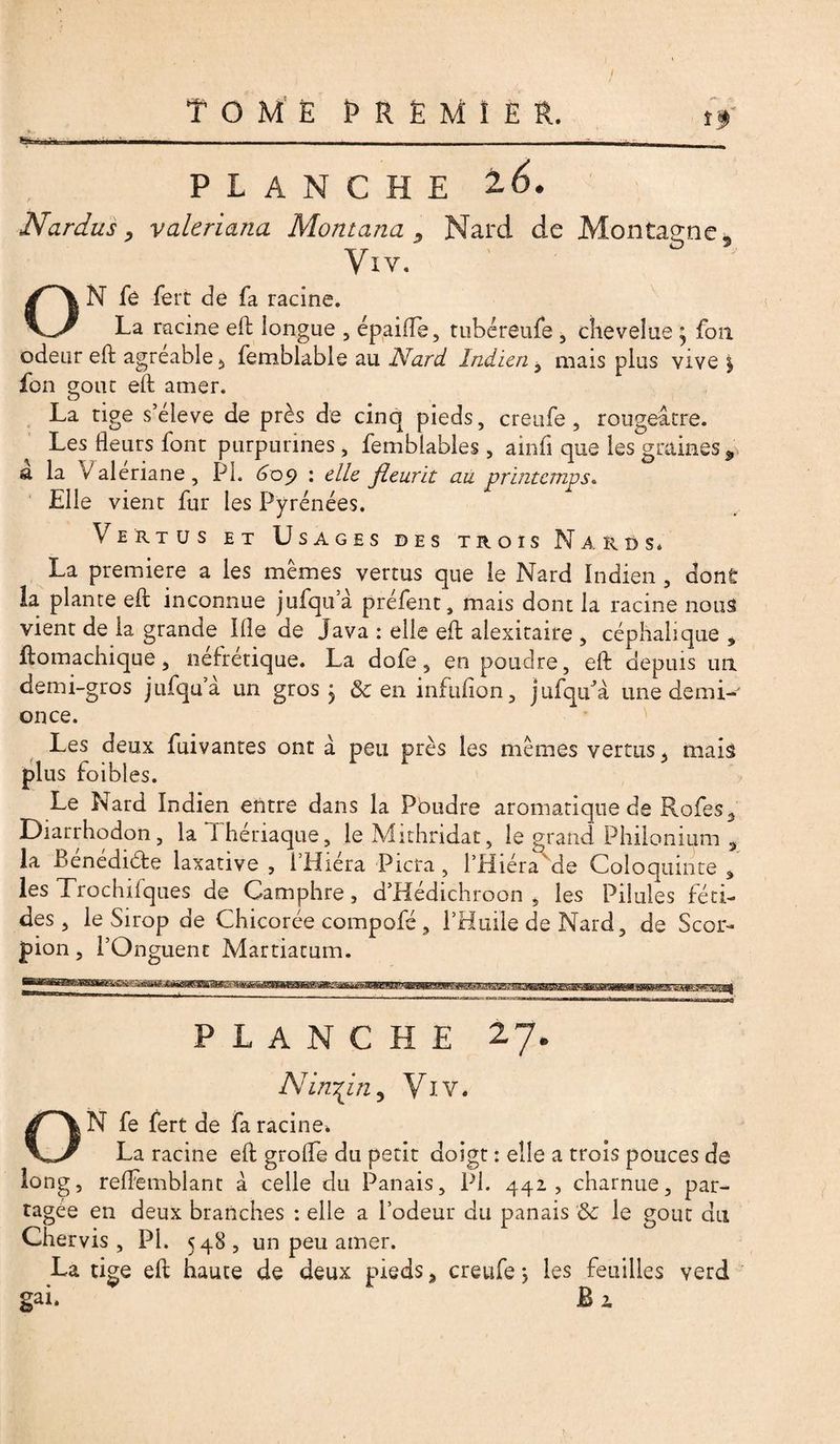 I TOMÉ PREMIER. \ a PLANCHE 2.5. N ardus y valeriana Montana, Nard de Montagne 3 Viv. ON fé fert de fa racine. La racine efl: longue , épaifle, tubéreufe , chevelue j fou odeur eft agréable 5 fembkble au Nard Indien -y mais plus vive % fon goût efl: amer. La tige s’élève de près de cinq pieds, creufe , rougeâtre. Les fleurs font purpurines, femblables, ainfi que les graines y la faleriane , PL 609 : elle fleurit au printemps. Elle vient fur les Pyrénées. Vertus et Usages des trois Nards. La première a les mêmes vertus que le Nard Indien , dont îa plante efl: inconnue jufqua prélent, mais dont la racine nous vient de la grande Ifle de Java : elle efl alexitaire , céphalique , flomachique, néfrétique. La dofe, en poudre, eft depuis un demi-gros jufqua un gros 3 8c en inftifion, jufqu'à une demi- once. Les deux fuivantes ont à peu près les mêmes vertus, mais plus foibles. Le Nard Indien entre dans la Poudre aromatique de Rofes, Diarrhodon, la Thériaque, leMithridat, le grand Philonium 5 la Bénédicte laxative , i’Hiéra Picra , l’Hiéra'de Coloquinte % les Trochifques de Camphre, d’Hédichroon , les Pilules féti¬ des , le Sirop de Chicorée compofé, l’Huile de Nard, de Scor¬ pion , l’Onguent Martiatum. PLANCHE 27. Nin^in, Viv. ON fe fert de fa racine* La racine efl; grofle du petit doigt : elle a trois pouces de long, reflFemblant à celle du Panais, PL 442, charnue, par¬ tagée en deux branches : elle a l’odeur du panais 8c le goût du Chervis, PL 548, un peu amer. La tige eft haute de deux pieds 3 creufe; les feuilles verd gai. B i