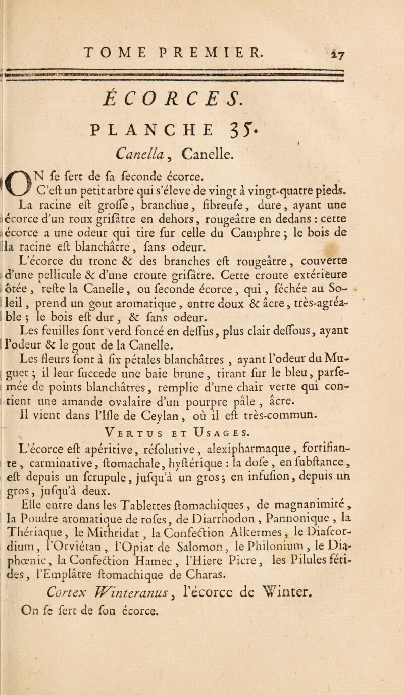 *7 ■ »' 1 ■——11 —■■ -—1 1—- ■ ■ fl '.V-JW-nrimp. >w.wwitMiwwi t «■■' ■ 11 * .. 11 ■ ■■■» —■ „ w ■■■■■—III uni NI nr—— mmm 1 1 ■ n in ÉCORCES. PLANCHE 3T- I Canclla, Candie. jf\N fe fert de fa fécondé écorce. C’eft un petit arbre qui s’élève de vingt à vingt-quatre pieds» La racine eft grofie, branchue, fibreufe, dure, ayant une 1 écorce d’un roux grifâtre en dehors, rougeâtre en dedans : cette écorce a une odeur qui tire fur celle du Camphre} le bois de la racine eft blanchâtre, fans odeur. L’écorce du tronc 8c des branches eft rougeâtre, couverte d’une pellicule 8c d’une croûte grifâtre. Cette croûte extérieure btée , refte la Canelle, ou fécondé écorce , qui, féchée au So¬ leil , prend un goût aromatique , entre doux 8c âcre, très-agréa¬ ble *, le bois eft dur, 8c fans odeur. Les feuilles font verd foncé en deftus, plus clair delfous, ayant l’odeur 8c le goût de la Canelle. Les fleurs font a ftx pétales blanchâtres , ayant l’odeur du Mu¬ guet ; il leur fuccede une baie brune, tirant fur le bleu, parfe- mée de points blanchâtres, remplie d’une chair verte qui con¬ tient une amande ovalaire d’un pourpre pâle , âcre. 11 vient dans Lille de Ceylan, où il eft très-commun. Vertus et Usages. L’écorce eft apéritive, réfolutive, alexipharmaque, fortifian¬ te , carminative, ftomachale, hyftérique : la dofe , en fubftance, eft depuis un fcrupule, jufqu’à un gros 5 en infufion, depuis un gros, jufqu’à deux. Elle entre dans les Tablettes ftomachiques , de magnanimité , la Poudre aromatique de rofes, de Diarrhodon , Pannonique , la Thériaque , le Mithridat, la Confe&ion Alkermes , le Diafcor- dium, l’Orviétan, l’Opiat de Salomon, le Philonium , le Dia¬ phonie, la Confeétion Hamec , l’Hiere Picre, les Pilules féti¬ des , l’Emplâtre ftomachique de Charas. Cortex JVinteranus 3 l’écorce de Winter* On fe fert de fon écorce.