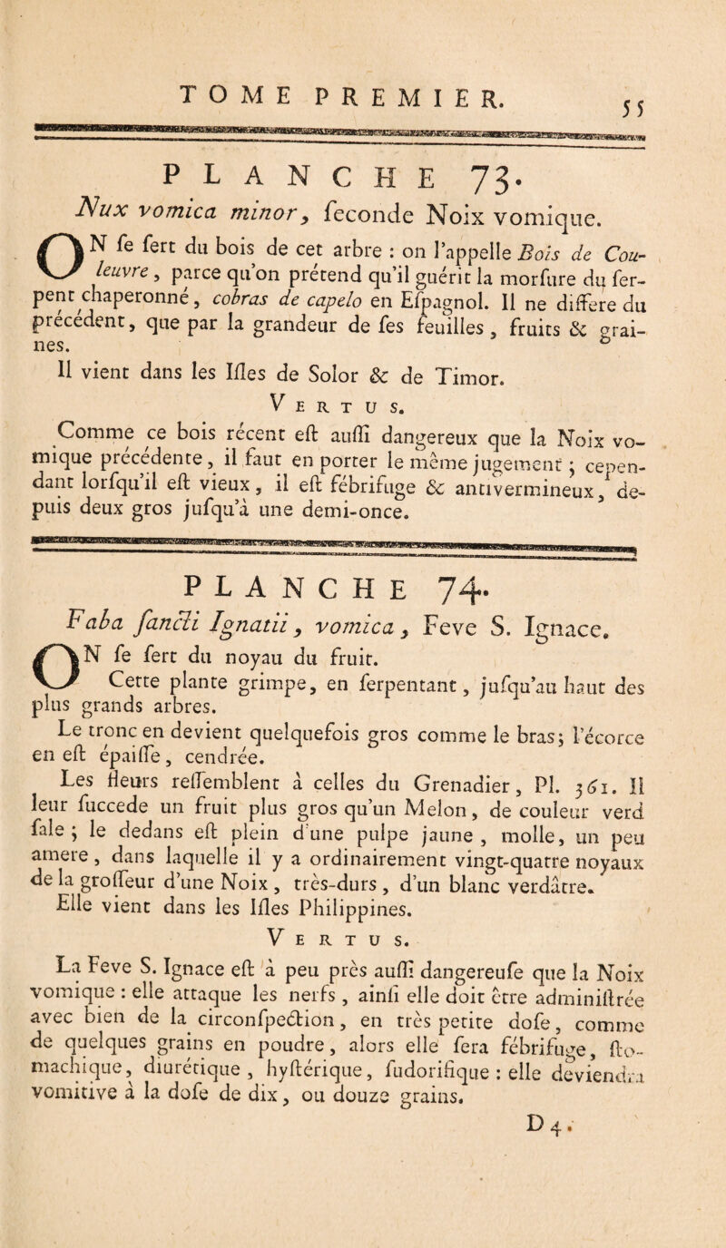 TOMF DR ïï A/î t r d PLANCHE 73- Nux vomica minory fécondé Noix vomique. ON fe fert du bois de cet arbre : on 1 appelle Bols de Cou¬ leuvre , parce quon prétend qu’il guérit la morfure dq fer- pent chaperonné, cobras de capelo en Efpagnol. Il ne différé du précèdent, que par la grandeur de fes feuilles , fruits ëc grai¬ nes. b 11 vient dans les Ides de Solor & de Timor. V E R T U S. Comme ce bois récent eft auflï dangereux que la Noix vo¬ mique precedente, il faut en porter le même jugement \ cepen¬ dant lorfqu’il eff vieux, il eft fébrifuge ôc antivermineux/ de¬ puis deux gros jufqua une demi-once. planche 74. Faba fanai Ignatii, vomica ^ Feve S. Ignace» ON fe fert du noyau du fruit. Cette plante grimpe, en ferpentant, jufquau haut des plus grands arbres. Le tronc en devient quelquefois gros comme le bras; l’écorce en eft épaiffe, cendrée. Les Heurs reffemblent à celles du Grenadier, PL 361, li leur fuccede un fruit plus gros qu’un Melon, de couleur verd fais; le dedans eft plein dune pulpe jaune, molle, un peu ainere, dans laquelle il y a ordinairement vingt-quatre noyaux de la groffeur d’une Noix , très-durs , d’un blanc verdâtre. Elle vient dans les Lies Philippines. Vertus. La Feve S. Ignace eft à peu près aufti dangereufe que la Noix vomique : elle attaque les nerfs, ainfi elle doit être adminiftrée avec bien de la circonfpection, en très petite dofe, comme de quelques grains en poudre, alors elle fera fébrifuge, fto~ machique, diurétique, hyftérique, fudorifique : elle deviendra vomitive a la dofe de dix, ou douze grains.