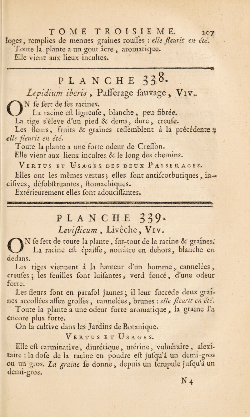 loges, remplies de menues graines roufles : elle fleurit en été Toute la plante a un goût âcre , aromatique* Elle vient aux lieux incultes. •—-—— -----—  - -.T — — PLANCHE 33^- Lepidium iberis y Paflerage faiivage, VlVT N fe fert de fes racines. La racine eff: ligneufe , blanche , peu fîbrée. La tige seleve dhm pied & demi, dure, creufe. Les fleurs, fruits & graines reflemblent à la précédente $ elle fleurit en été. Toute la plante a une forte odeur de Greffon. Elle vient aux lieux incultes 5c le long des chemins. Vertus et Usages, des deux Passer âges. Elles ont les mêmes vertus *, elles font antifcorbutiques 5 ifts*» eiffves, défobflruantes, ftomachiques. Extérieurement elles font adouciflànres-. PLANCHE 3 3 9» Levifiicum , Livêche, Viv. ,N fe fert de toute la plante, fur-tout de la racine 5c graines. La racine eff: épaiffe, noirâtre en dehors, blanche en dedans. Les tiges viennent â la hauteur d'un homme, cannelées, creufes j les feuilles font luifantes, verd foncé, d’une odeur forte. Les fleurs font en parafol jaunes ; il leur fuccede deux grai¬ nes accoliées affez groffes , cannelées , brunes : elle fleurit en été. Toute la plante a une odeur forte aromatique, la graine Ta encore plus forte. On la cultive dans les Jardins de Botanique. Vertus et Usages. Elle eff: carminative, diurétique, utérine, vulnéraire, alexi- taire : la dofe de la racine en poudre eff; jufqu’â un demi-gros ou un gros. La graine fe donne, depuis un fcrupule jufqu’à un demi-gros. Nq