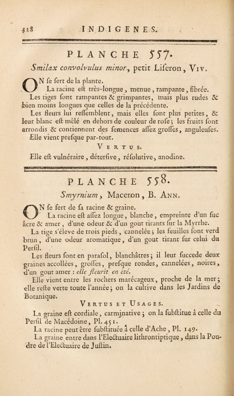 PLANCHE 5 51' Smilax convolvulus minor, petit Liferon 5 Viv. fe fert de la plante. La racine eft très-longue , menue , rampante , flbrée. Les tiges font rampantes & grimpantes, mais plus rudes 8c bien moins longues que celles de la précédente. Les fleurs lui reflemblent, mais elles font plus petites, 8c leur blanc eft mêlé en dehors de couleur de rofe ; les fruits font arrondis 8c contiennent des femences aftez grofles , anguleufes» Elle vient prefque par-tout. V E R t u s» Elle eft vulnéraire , déterftve, réfolutive, anodine. PLANCHE J J 8. Smyrnium , Maceron , B. Ann. ON fe fert de fa racine 8c graine. La racine eft aftez longue, blanche , empreinte d’un fac âcre 8c amer , d’une odeur 8c d’un goût tirants fur la Myrrhe. La tige s’élève de trois pieds, cannelée *, les feuilles font verd brun , d’une odeur aromatique, d’un goût tirant fur celui du Ferftl. Les fleurs font en parafol, blanchâtres; il leur fuccede deux: graines accollées, grofles, prefque rondes, cannelées, noires, S’un goût amer : elle fleurit en été. Elle vient entre les rochers marécageux, proche de la mer; elle refte verte toute l’année ; on la cultive dans les Jardins de Botanique. Vertus et Usages. La graine eft cordiale, carminative ; on la fubftitue â celle du o # . * Perfil de Macédoine, PI. 451. La racine peut être fubftituée a celle d’Ache , PL 149. La graine entre dans l’Eie&uaire lithrontiptique 5 dans la Pou¬ dre de i’Elecluaire de Juftin.