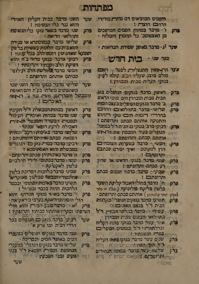 הרק ז'- מרבר במהות הפמים' המושכים מן האצטומב' כל החמוץ והמלוה + : שער +. מדבר באופן שמורת: הברואות > ספר טנו.< במות חש <> שער הרצתשון התנצלור7 לסגר.-. ושפם סוּלם מוצב שעליו הםב.: עולה לעיין: , בנוקו העליה. ימבית וכח 1 הְאשון. מדבה. בנהקים. 3 הנופסום בגב הבית מבות ומבהחוץ והם מומי הראש בּ' מרבר בנזקיס הנופלים בעצס המוחי שלושי-מִַּבּר: בתהלואיכש ההויכם בחדרדי רקמוח. והכש' נזקו: רהחוש והתנועה אותתם סבתם ותרופתם : פרק רבועו מרם בנזקי גג הבית:רלל במומו' .= הנופלום בעור המכסה את הררש > אותּתם ,סבתם ותהופתם: ₪ 7 חמשי .+ מרבּה. בשערות: -העומחיכם הוץ למקומם : ואי זפורססבתכ= = = ותרופתבס: ! צ מרק. .שש ,מחבה בננעו. הראש:או שחין -: .= רעי סכתם- ותרופת שה םת פרקו. רק פרק שבוע | מהבה: ברבוו הכנום סבתס ותרופתכם 1 | פרק ח?: מרבר בחולי האבזר קליקת השער בלטון: פליקח. פולוניקה 5 לו 0 וק ול קונטונום ) אותתס סבתם ותרופתם י פרק; ‏ תשיעו מרבר בנזק קים הנופרי! כו הבית ר'ל. מכאם האתובםו. - בתהלואי העונוס /מבית ומצחוץ י פָרק. אהר, עשיה מרבר בנזקו פתהו העליה וברלתתרתיו חל במומים הנופליכם הפר ובשפתיה + 7= פרק 4 עשר מרפו | בנזקופתהי העלוה 4 ומדה םי ה -| בר 0 ולח -עשה:טהבר במוטו:הנחירים - ו ה הש 7 ₪06 7% , והוא נגר כל הנשימה : ותהלואו הרואה > = פרק שלישי מרבר בכסוסתרא או מגורה ושמע\ שאחנישין רומחזללם בכל ענוניו + << דפיקת הלב:ופבתיר ותרופתיו + : פרק | חמשי מרבר חלשת הלב אל סבותף אותתם ותרופתם : שער שלישי מרבר בנזקו מהגה. השני שבו ְהמְבָטֶל והמררתפן. נהרת. גגה. ג רבשו ו %] / / 1 %* האיבריכס + - 4 פרק ראשון במהות המבשלת ףף: הקיבה 7 > > ובסברת המעוּרה והמבטל תורז האכילה לרעת רופאי זמנינף - הצמאה סבתסם/אותתם והשתנותם : פרקי<:רביענימדבד'כמר=-נזקיכט הנופלים | במבשלת והוא האסתומבא + פהק:: ה' מדבר באיכותיהן סכתם ותרופתםי. פרק:: ששו:; מהבה בסתומי- ורוד חהלביים בלטין לאקט'קה > 5 \ פרק שמינו א הפרוכת בלטין =מחוכטורורוטבשה שבלטין פאנקריא: פרק תשועימרבה 2איכות התומ ובכמוי הלהבות ההוה בכבד ובטהול % 3 - פרק :' מרבר באו מנזקי המרתף והוא הולי הופוהונרהיאקה בערבי מיראק'אה - פרק וא-+\ מרפורבננע-הבירת והוא חולי הצרפתי ומקריואותתיו סבותיו ותרופתיו : 8 שער רביער ברבר בנזק ג ₪ הנופלום בכל הררי'הבית ובו פרק א פרק :שמ: מדבר בגזקיט הנופליסי במעצרי המים באוצר המים \ובבריפת : שלישי מרבר בנזקים הנופלי' במעברי הטינזפת -ובפירז הכסצק רל בבני וומעיש גפ הטבעת. > 1 | פרק שער