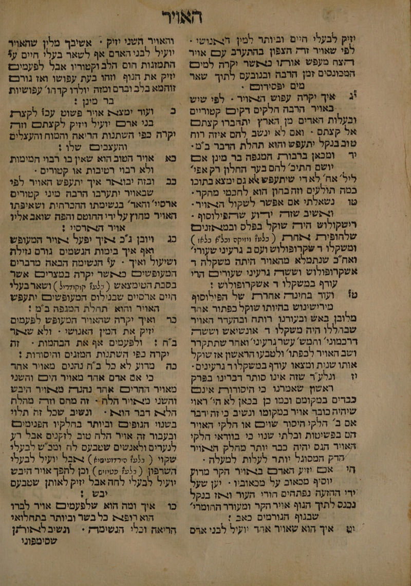 7 ויוי וו קריה ה 0-7 00 זיק לבעלי חיום וביותר למין. הצתנוש - לפי שאויר זרז הצפון בהתערב עכם אויר דקצח מעפש אורזו כ4פשר וקרה למיכש המכונסים זמן הרבה ובנובעם לתוך שאר מים ופסורוכט . יג אוך יקרה עפוש הנתויר > לפי שיש באויר הרבה חלקים דקיכש קטוריים ובעלות הארים מן הארץ ותהברו קצתכם אל קצתם > ואם לא ינשב לחם איזה רוח טובבנקל יתעפש והוּא תחלת הדבר במ. וד ומכאן ברבורז חמגפה בר מינן אכפ = = יושם חתיכ' לחס בער החלון רק אפ ליל' אח' לאדי שיתעפש אא גם ימצא בתוכו כמה תולעים וזה בחון הוא, לחכמי מהקר. טו | נשאלתי אם אפשר לשקול הצתויר: תשוב שזרה ורדוע שרקפילוסוף - רישקולוש הירז שוקל בפלס ובמצתזניבז שלהופירת +תחר ( כנעו ווווקס וסנ ככ6ו 6 ומשקלו ר שקרופולוש ועס ב גרעיני שעור ואחכ שנתמלא מהאויר היתה משקלה ר אשקרופולוש וששרה גרעיני שעוריכס הרי עורף במשקלו ד אשקרופולוש : ט ועור בחינרז אחרר של הפילוסוף מירושינוש בהיותו שוקל כפתור אהד מלובן באש ובעורנו רותח ובהערר האויר שבהללו היה משקלו ר אונשיאש וששרק דרכמוני והמש' עשר גרעיני' ואחר שתתקרר ושב האויר לכפתו' ולטבעו הראשון אז שוקל אותו שנית ומצאו עורף במשקלור גרעונים: ראשו שאמרנו כי היסורורז אינפט כברים במקומם וכמו כן בכאן לא הי' ראוו שיהיה כובר אויר במקומו ונשיב כי זה ירבר אם ב' הלקי היסור שויכס או חלקי האויר הם בפשיטות ובלתי שנוי כי בווראי חלקי האוור הגס והיה כבר וותר מחלק הותוור 'הדק המסוגל וותר לעלות למעלה : חי אשש זוע הארכש בצפתויר הקר מרו ווסיף מכאוב על מבאוביו < יען טע ירי ההזעה נפתחים הורו העור (ב4תז בנקל נכנס לתוך הנוף אויר הקר ומעורר החומריל שבנוף הנורמים כאב ! והאויר השני יזיק + אשיבך מלון שהאויר וועיל לבנייהארם אף לשאר בעלי חיום ע%. התמזנות הום הלב וקטוריו אבל לפעמינש יזיק את הגוף ווהו בעת עפושו ואז נורכם זוהמא בלב וכרם ומזה יולרו קדהו' עפושיות בר מינן : בני ארכש יועיל ויזיק לקצתכש וזרק וקרה כפי השתנות הריאה והמוח והעצלים והעצביבש שלו : כא אויר הטוב הוא שאין בו רבוי חמימות ולא רבוי רטיבות או קטורים : שבאוור ותערבו הרבה מיני קטורים ארסיו' והאר בנשימתו ההכרהית ושאיפתו האויר מחוץ על ירי החוטם והפה שואב אלין אויר ה4תרסוי : , כג = ווובן ג'כ 4תוך ופעל צתוור המעופש ואף איך בימות הגשמים גורס נזילת ושיעול ואיך - ע' הנשימה הבאה מרברים המעופשיכם ט>פשר יקרה במצריכם אשף בסבת הטימצאש ( כנעז קוקודרי! ) ושאר בעלי חיים ארסיים שבנילוס המעופשיבש יתעפש האויר והוא תהלת המגפה במ : כר ואיך יקרה שהאויר המעופש לפעמום | זיק את המין האנושי < ולא שצקר ב'ח : ולפעמים אף את הבהמות * זה יקרח כפי השתנות המזנים והיסורות ! כה | מרוע לא כל בח נהנים מאויר אהר כי אס ארם אהר מאויר חיכם והשני מאויר ההריכם אחר נהנרק מצתויר היבש והשני מצתוור הלח .= זה מהס וזרק מהלח הלצת דבר הוק + = ונשיב שכל זה תלוי בשנוי הנופיכס וביותר בחלקיו הפנימיכש ובעבור זה אוּיר הלה טוב לזקנים אבל רע לנערים ולאנשים שטבעם לח ומכ'ש לבעלד - שקוי ( כנע1 סירלועיסי) ) לעבל יועיל לבעלו השרפון ( לע פטיוום ) וכן לחפך אוור היבש וועיל לבעלי לחה אבל יזיק לאותן שטבעם אבש - כו | אוך ומה הוא שלפעמיכם אויר לברו הוא רופנק כל בשר וביותר בתחלואי הריאה וכלי הנשימרק > | וגשיב לצתורתן שסימפוני