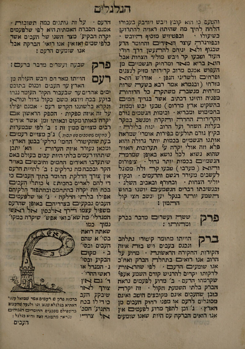 והטעם כִי הוא קובץ ויבש ויורבק בעבורו הלחה לחיך מה שהיתה ראויה להתרוקן כשיעולו :| ובפטיזיש מוסוף רקיובש י ובפורגררק עוצר הצפיךדיכם והחומר הרע העור וטבעו קר ויבש מולור הצהות אבל הונת ברוא מ4פר ומרחוק הגשמיוכש מן העפוש אמנם מרוב קרירותו מזיק לנצנים ופרהיכס ולשריגי הנפן < | אורוש. הת מזרהי ( ובנמרא אמר רבא בשערק שרוח מזרחית מנשברז משתקרת כל הרוהורת מפניה והיונו רכתיב אשר בנריך המיכם בעלות השחר ועל הרוב ינוח בלולרק .. בקיץ גורס תולעים בפירות אומרו' שמראה אותנו הגשמיים בכמות וותר גרולה והוא. פלא וזה אולי יקרה ע' תערובות האוור שהוא נשוא לכל נושא באופן שמרמרק הנשמייבם בכמות יותר גדול - = ציפורופ ורות ( מערבי ) טבעו קר ולת מסונל לעשבים מעורר רגשם והרעמים - . ובקיץ יוליר הצחות > וכחורף ובאביב השלג : ובנשיבתו רברים הנשמעובם וושגו בהוש דהשמע וורתר בנקל וען ינשב חצי קול הרקמון % 0 6 פּ' ‏ ששחה ועשרוש מובר בנרק 1 ומרזורתו : | ּ ברמ היתו מהומר קיטורי נתלהכ | ונכנס בעבים ווש בזרז אוזה חקורות ההקירה הראשונרה - \ מרוע על הרוב אנו רואיכם. בתהלרק הברק ואהכ אנו שומעיכם הרעבם + = לפו שהרצתורת לרקותו יקרים להרגיש קורם השמע אעפי שקדמהו הרעם > ב' מרוע. לפעמים נראה הברק בלתי השמעת הקול > | זה וקררק בובן שהעבים איגס מקובצים חיטב ואינם מסוגלים לרעס או מפני רחוק העבים מן הארץ: ‏ ג' וכן להפך מרוע לפעמיכס אין אנו רואיס הברקה עס היות שאנו שומעים הרעם > על זה נותנים כמה תשוכורת * אמנם הסברה האמתית היא פי שלפעמים יקרה הבקיע: מצר השני של העכים אשר כלפי שמים [אזאין: אנו רואי הברקה אב אנו שומעים הרעם : הוייתו מאר חם ויבש העולה מן | הארץ ער העבים וכנוס בתובס ומים אהרים עד שבעבור הקור העומר נגרו רבים מצויים ממין זת + ב' לפי שבמערות ( כמקוס סקונכוס סט תכוק )| גכ מצווום רעמובם , בעת שהקיטורי' החמי' נדלקי בבטן הארץ: | הא יתכן שיתהוו רעמים בלתי היות עבים בעולם באם הקר ובסבה מה נרלקים + ב' להויית חרעם אין צורך הרלקת ההומר בתוך העביכם כי די להם לארים בהכות= 6 כותלי העכיכם בכח וזה יקרה בהתהמם ובהתפזר חלקיהם אפילו בלרתי הרלקה * = ג' או שלפעמיכם העבים נבקעיבםס בצרריהכם באופן שהרעם משפול עצמו רדרך נתלבסון קל רצתשו המגדלי מה שא'כ ואי אפש שיקרה במקו נמוך: במו שאתה רואח: בסי א שהם העבים ובפי ב. מקוכשס הבקיע ובס ג: המגרל או ראשיההרי: . ד גב 4תין ו י. צורך = לתר 2 שובקע. העב ברכות פיק טּ רעמים אסר שמואל ענני - 0 0 בכ ראתיא בגלגלא שנא: וג ולנעד שהעבים התנוע חמב בהשפילם מסבבים החוטריכש הגבוהיכ) רל צרד! | כנראה מתמונה זאת והיא כגלגל ; העבים.