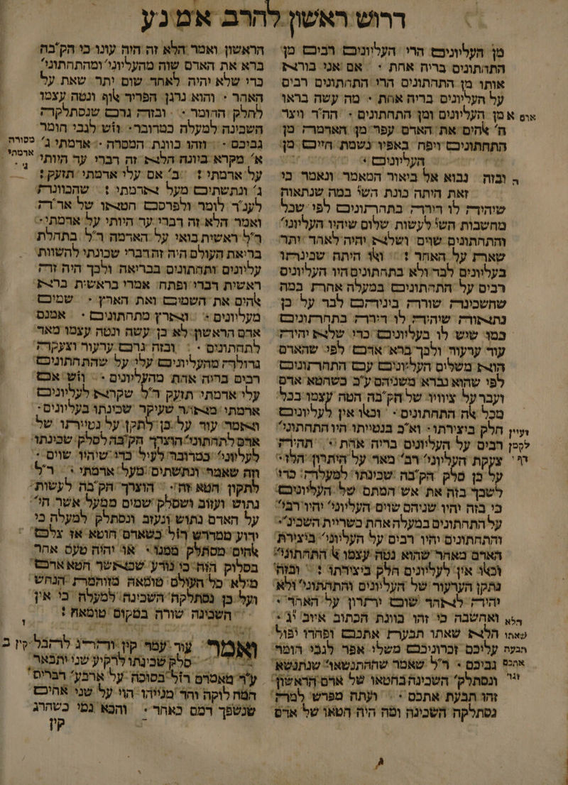 מן העליוניכס הרי העלווניכס רביכם מן' התהתוניס בריה אהת + | אם אנ בורצק אותו מן התהתונים הרי התוותונים רבים על העליונים בריה אהת = מה עשה בראו ה' אהים את האדם עפ מן הארמרק מן התחתוניכם ויפח באפיו נשמת. חזיכס. מן' 2 = העליוניכם + 1 ה ובזה | נבוא אל ביאור המאמר ונאמר בו זאת היתה כונת השי במה שנתאוה שוהודה לו רוררק. בתהרתוניכם לפי שכל מחשבות הש' לעשות שלום שיהיו העליונו והתחתונים שוים. ושלצ יהיה לאהד 'ותר שארת על האחר 1 == ואו חיתה שנינרזו בעלוונים לבר:ולא בתחתונים הוו העליוניס רביס על התהתוניכס במעלה אחר במה שתשכינרק שוררה בונירקכם לבר על כן נת4תורק שוהורה לו דירר? בתחרתוניכם כמו: שוש לו בעלווניכש כרו. שלצת יהוד עור ערעוה. ולכך ברא: אדכט. לפי: שהארם הוצת משלום העל:ונוכבש עבש התחרתוניכס לפי שהוא נברא משניהם ע'ב. כשהטא ארם ועברעל ציוויוו של הק'בה הטה עצמו בכל' מכל %ה התחתונים - = וכאו און לעליוניכם דף א העליןני' רב מאר על היתרון הלד על בן טלק הק'בה .שבונתו: למעלרה: כדו לשבך בזה את אש המתם של העליוטיבם. כי בזה והיו שניהם שוים העליוניל יהיו'רב? על התהתונים במעלה אחת כשריית השביני. והתחתונים יהיו רבים על העליוני ביצירת' הארם מאחר שהוא נטה עצמו 6 התחתונו וכו און. לעליונים הלק ביצירתו : = וגזה' נתקן הערעור של העליונים והתתתונל ולא. והירק. ל4תהר שוכט ורזרון. על האהר י. הראשון ואמר הלא זה היה עונו כי הקבה ברא את הארם שוה מהעליוני' ומהתהתוני כרי שלא יהיה לאחד שום יתר שאת ע האהר + והוא נרגן. הפריר אוף ונטה עצמו לחלק ההומר << ובזדה גרכם שנסתלקרק השבינה למעלה כמרובר- וש לגבי הומר א' מקרא בוונה הל זה רברי ער היותי על'ארמתי 1 = ב' אם עלי ארמתי תזעק : ג ונתשתיכש מעל >תרטתי : = שהכוונרת: לענ'ר לומר ולפרסכם הטצקו של אר'רק. ואמר הלא זה רברי ער היותי על אהמתי:: רַל ראשות בואי על הארמה רל בתחלת בריאת העולם היה זה הברי שכונתי להשוות: עליונים זתהתוניס בבריאה ולכך היה זרק ראשית רברי ופתח: אמרי בראשית ברצק. צהים את השמיבם ואת האהץ < | שמיכם מעלוונים << = קר מתהתוניכם * = אמנם ארם הראשון: לא כן- עשה ונטה עצמו מאדי לתחתונים - : ובזה גרס ערעור וצעקרה גרולף; מהעליוניפם עלי: על שהת חתוניפם. רבים בריה אהת מהעליונים > = וש אכש עלו ארמתי תועק דל שקה לעליוניכם ארמתו מצפו/ח שעיקר שכונתו בעליונים- ותמר עור על.בןלתקן על נטיורתו של. ארס לתחתוני הוצרך הק'בה לסלק. שכינתוי = לעלני? 'במרובה לעיל כדושיהיו: שוים <. וזה שאמח: ונתשתים !מעל.: ארמתי * = רל. לתקון הטא זה'. = הוצרך. הק בה לעשות נתוש ועזום ושסלק ישמים ממעל אשר הי על האדם נתוש ונעזב ונסתלק למעלה בי ירוע טמררש רל כְשארם חוטא אז צלכם' שהים: מסתלק ממנוי או יהיח טעס אחר בסלוק. הוה כו נודע: שכו-אשר חטא ארכם מילא. כל העולט: טומאה מזוהמרת הנחש . ועל. כן נסתלקה' השבינה' למעלה בי אין ב ואחשבה כי זהו בוונת הכתוב איוב' יב + שאהו הלצת שאתו תבער אתכבש ופחרו יבול תבעת עליכם זכרוניכבם משלו אפר לנבי הומף. | | אה גביכם ל שאמר שההתנשאו שנתנשא. ₪ 8 לק שבינתו לרקיע שני יתבאר, * ונסתלק' השבינה בחטאו של ארט הראשון' ער מאמרם רזלבסוכה על ארפע חבריס זהו תבעת אתכס * = ועתה מפרשי למרק המח לוקה וחד מגייהו הוי על שני אהיכת גסתלקה השבכינה וטה היה הטאו של ארם | שנשפך רמס כאהר: והכא נמי כשהרג : קין השביגה שורה במקום טומאח : גא . = \עמר קין ורלרדג לרקבלקין ב 0 /