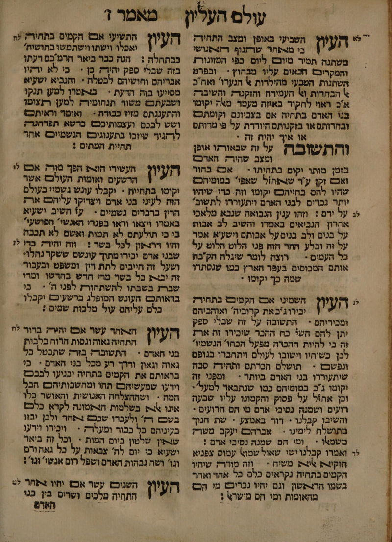 ' לא ל 1-5 עולם העו העיון השביעי באופן ומצב התחירק בו מ4פהר שרקנוף רהצפנושו משתנה תמיר מיוכם ליום כפי המזונור; והמקריכם חכאים עליו מבהוץ * ובפרט השתנות הטבעי מהולרות % הנערו ואחכ % הבחרות %1 העמירח והזקנרק והשיברק אכ ראוו לחקור באוזה מעמר מצה יקומו בּני הארם בתחיה אם בצביונס וקומתכש או איך יהיח זה * ומעב שהורק הארכם בזמן מותו וקום בתחיתו = | אכש בהור ואכם זקן ער שנפח!ל שאפי במומיהכש שהיו להם בחויהכש וקומו וזה. כרי שיהיו יותר נכרים לבני הארם ויתעוררו לתשוב' על ירם : וזהו ענין הנבואה שנבא מלאכי אהרון הנכיאים באמדו והשיב לב אבות על בנים ולב בניםעל אבותם וישעיא אמר על זה ובלע החר הזה פני הלוט הלוט על כל העמים - | רוצה לומר שיגלה הק'כת אותס המבוסים בעפר הארץ כמו שנסתרו שמה כך וקוּמו * ו וכירוג'באת קרוביה' ואוהביהם ומכיריהם * התשובה על זה שבלי ספק יתן להם השל כח ההכר שוכירו זה ארת זה כי להיות ההכרה מפעל הכחו' הגשמין לנן כשיחיו וישובו לעולם ויתחברו בגופם ונפשבם &gt; תושלם הכרתם ותהירק סכה שותעוררו בני הארם ביותר &lt; ומפני זה וקומו ג'כ במומיהם כמו שנתבאר למעלי וכן אחזל על פסוק והקמונו עליו שבעה רועים ושמנה נפיכי ארם מי הם הרועים : והשיבו קכלנו - דור באמצע + שת חנוך מתושלח לימינו &gt; אברהכש ועקב משרק משמצו *‏ ומי הם שמנה נסיכי ארם : ואמרו קבלנוישי שאול שמו6 עמוס צפניא הוקת 6 משוח &lt; = וזה מוררק שוהיו הקמים בתחיה נקראים כלם כל אחד ואחר השמיני אכש הקמיכש בתחוק מהאומות ומי הס מישרא ; העיון התשיעי אכש חזקמים בתתיר? לח ואכלו וישתווישתמשו בחושית . כבתחלה + הנה ככר ביאר הרמ'בס רעתו בזה שבלו ספק והוךק כן = | כי לא ורקיו אברוהם וחושיהס לבטלה * והנכיא ישעיא מפוועו בזה הרעת &gt; | בצקמרן למען תנקו ושבעתכש משור תנחומירק למען רתצומו והתעננתם מזיז כבורה -‏ ואומר וראיתכ6 ושש לבכם ועצמותיככש כרשא תפרחגריק לרקגיר שיזכו בתענוגיכס הגשמיוכם אה תחיית המתים : העיון העשירי הו הפך מורק אכש לו = 1 הרשעים ואומות העולכם אשר יקומ בתחוות * יקבלו עונש גשמיי בעולם הזה לעיני בני אדם ווצדיקו עליהכם ארת הרין ברברים גשמיים - ע% חשיב ישעוא באמרו ויצאו וראו בפגרי האנשי הפושעי . בי כי תולעתם לא תמות ואשם לא תככת והיו ררנתון לכל בשר :‏ וזה והיר; כרו לו שבני ארם יכירו מתוך עונשס ששקרנהלו: ושעל זה חייבים לתת דין ומשפט ובעבור זה יב4ת כל בשר מרי חרש בחדשו ומרל. שברת בשבתו להשתחורז לפני ה' * | כי בראותכש העונש המופלג ברשעיכש וקבלו כלם עליהס עול מלבות שמים :‏ -  העיון הלחר עשר אכש והדק ברור לח התחיה גאוה וגסות הרוח בלבות בני חארם * | התשוברק בזרק שתבטל כל גאוח וגאון וררך רע מכל בני האדם + כי בראותם את הקמים בתחיה ובניעו לבבכז וירעו שמעשיהכם תהו ומחשבותיהכם הבל המה - וטההצלחה האנושית והאושר כלו אונו 6 בשלמות ה4תמונה לקרא כלכש בשכם רק' ולעברו שככם 4תחד ולכן יבזו בעיניהם בל כבור ומעלרק * = ויכירו וירעו שנפון שלטון ביום המות + וכל זה ביאר ושעיא כי יום לה' צבאות על כל גאהורם וגו ושח גבהות הארם ושפל רוס אנשי' וגו : העיון השניכם עשר אכש וחיו 4פחר לט * 3 התהיה מלכים ושרוס בין כט